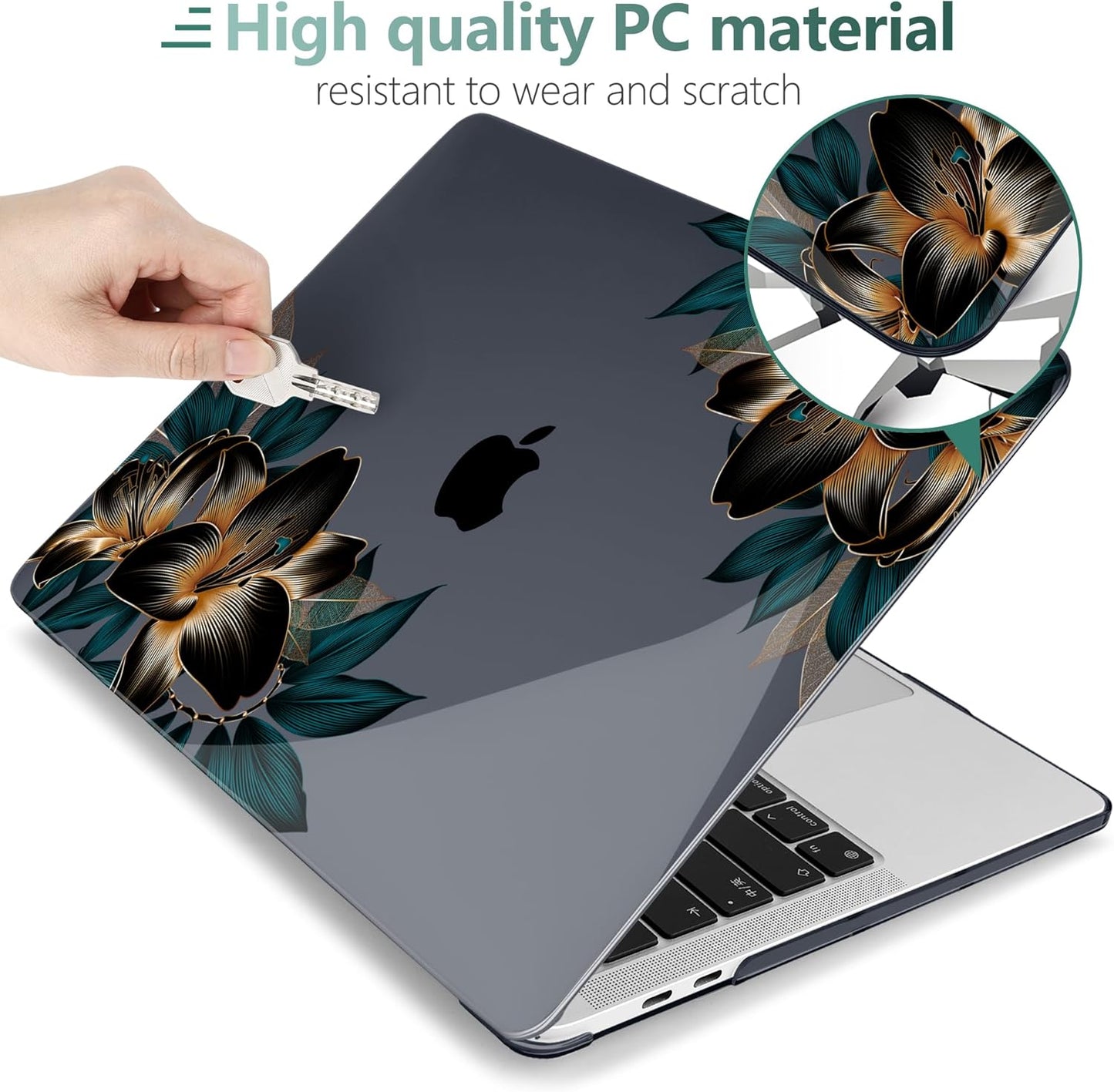 MEEgoodo Case for MacBook Pro 13 inch, Laptop Hard Shell with Keyboard & Camera Cover, Golden Lilies