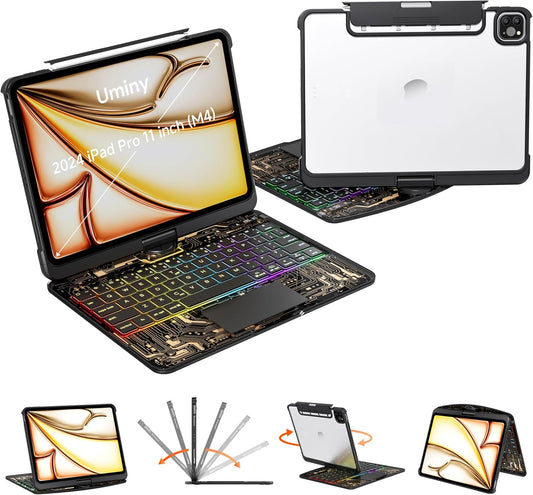 iPad Keyboard Case for 2024 M4 iPad Pro 11 inch, Magic Wireless Keyboard with Trackpad 7 Color Backlit, 360° Rotating Stand Transparent Protective Cover with Pencil Holder (Black)