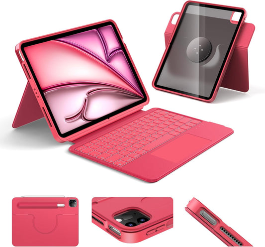 HOU Rotatable Keyboard Case for iPad Air 11 (M3/M2 2025), Magnetic Detachable Case with Keyboard for iPad Pro 11 (4th/3rd/2nd/1st Gen) and iPad Air (6th/5th/4th Gen) with Touchpad, Backlight - Magenta