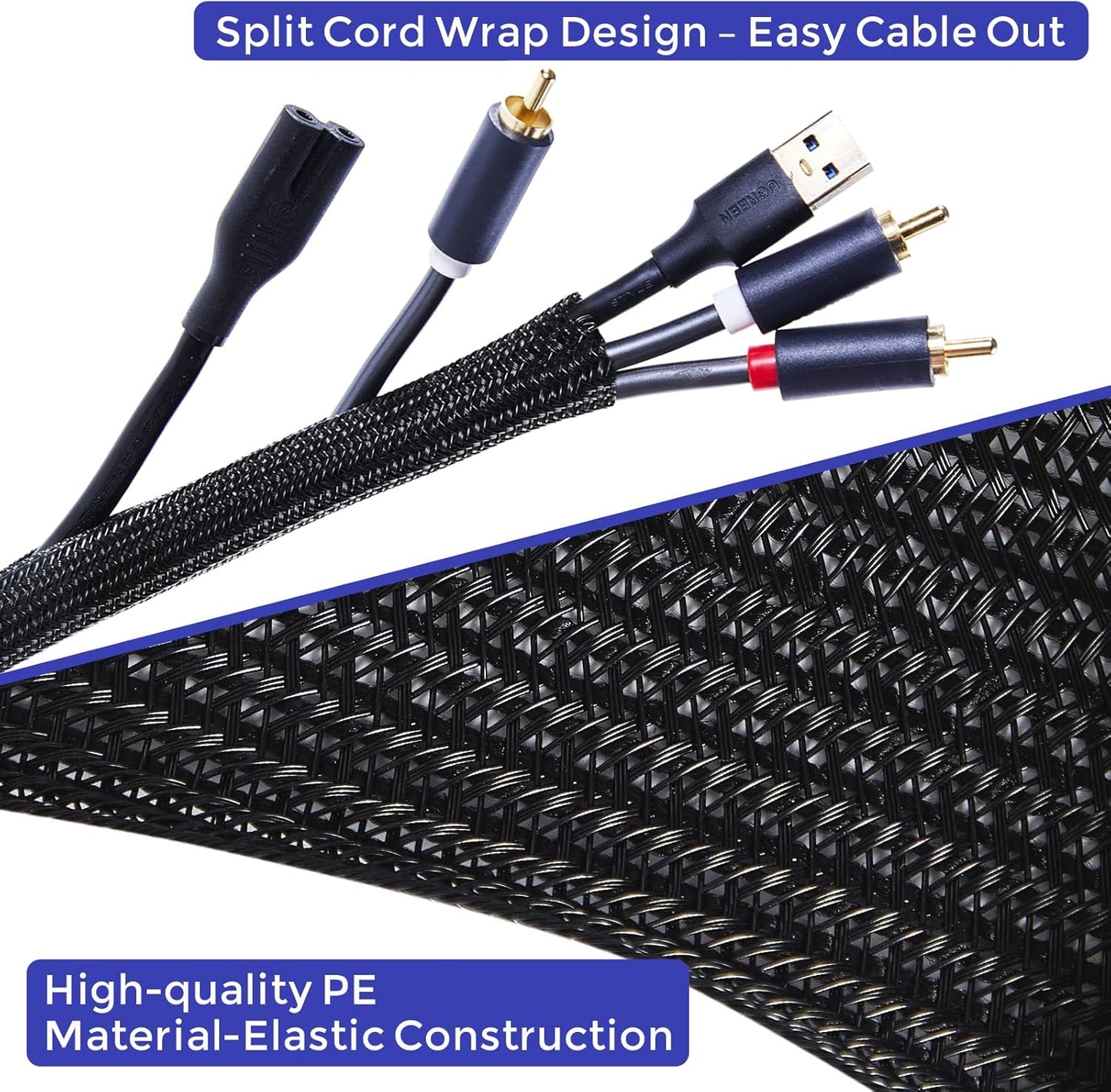 Cable Management Sleeves 1in - 2 Pack 4.1ft Split Braided Cable Sleeve Black, Hard PE Cord Protectors from Pets, Wire Organizers for Cords, Flexible Cord Wrap Wire Sleeve for Computer Cord Organizer