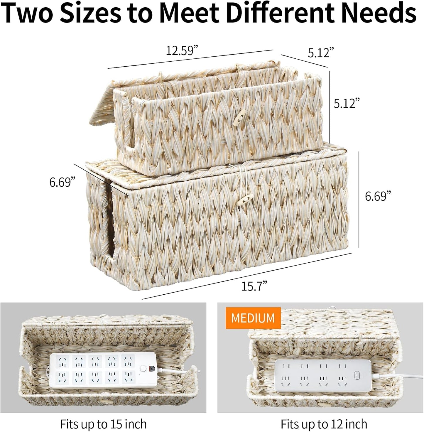 Cable Management Box,Boho Decorative Handwoven 2 Open Slots Cord Organizer Hider Box with Lid for TV Wires, Computer, Router, USB Hub and Under Desk Power Strip