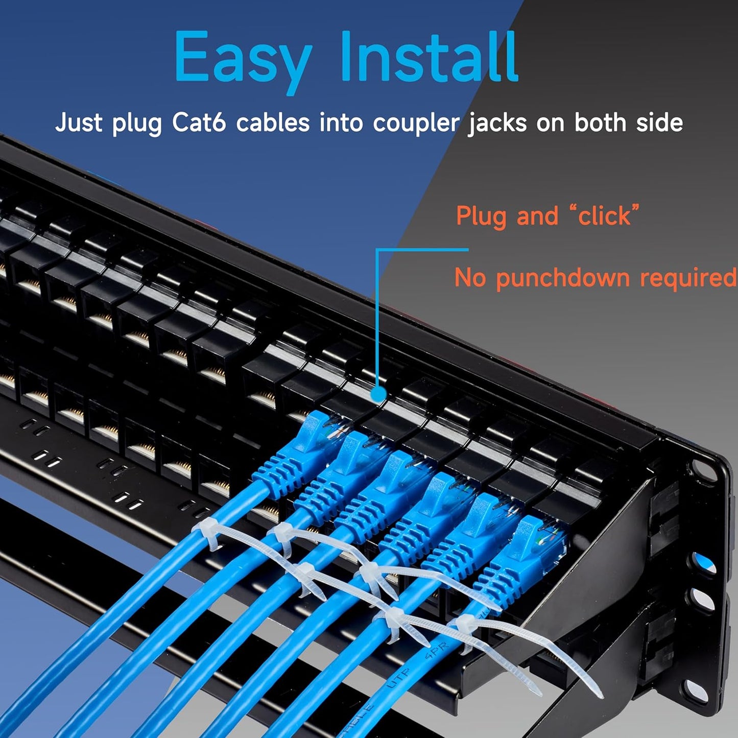 48 Port RJ45 Cat6 Patch Panel, 19 Inch, Black, Easy Install & Repair, Gold Plated Keystone, Rack Mountable