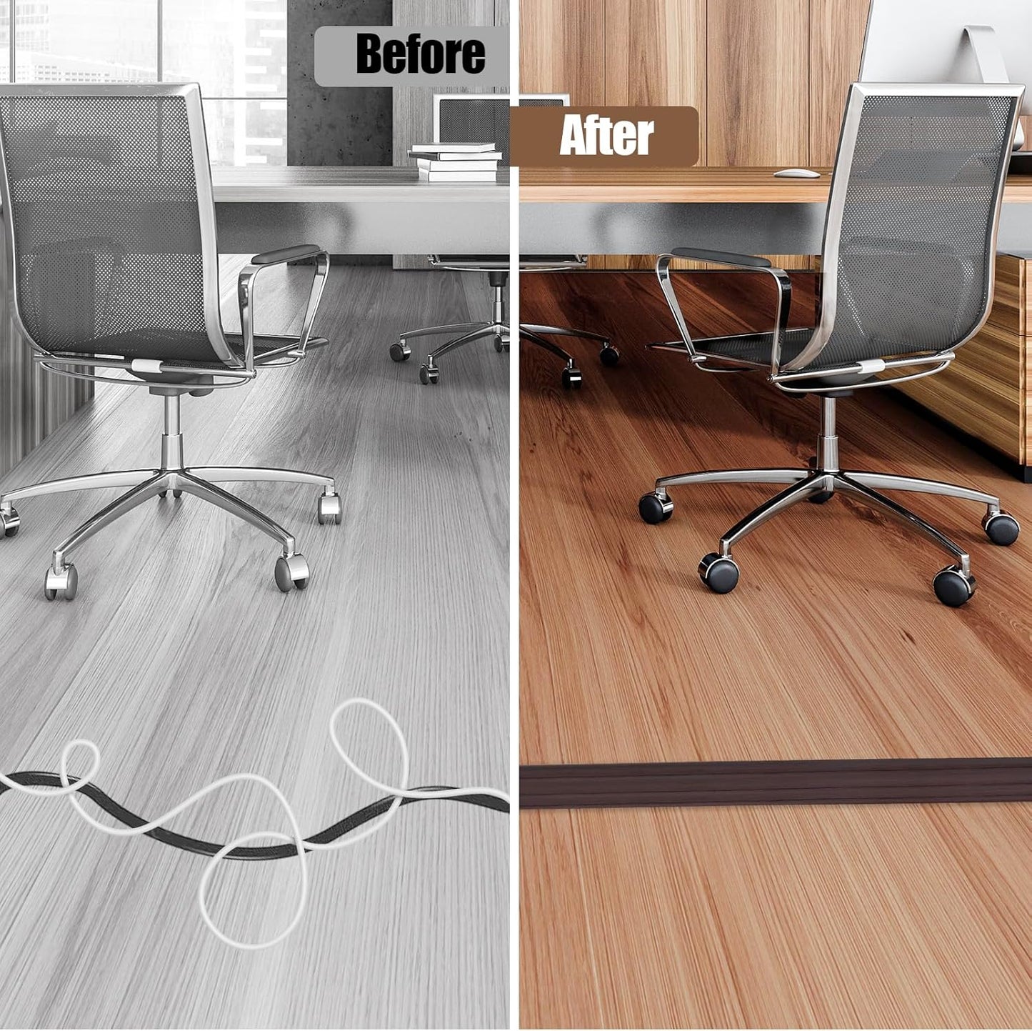 Floor Cord Cover Cavity 0.8"x0.37" Self Adhesive Cord Hider, 10FT Low Profile Cable Management, Extension Strip Protector for Wires, Prevent Cable Trips for Offices, Gyms, Exhibitions（Black Wood）