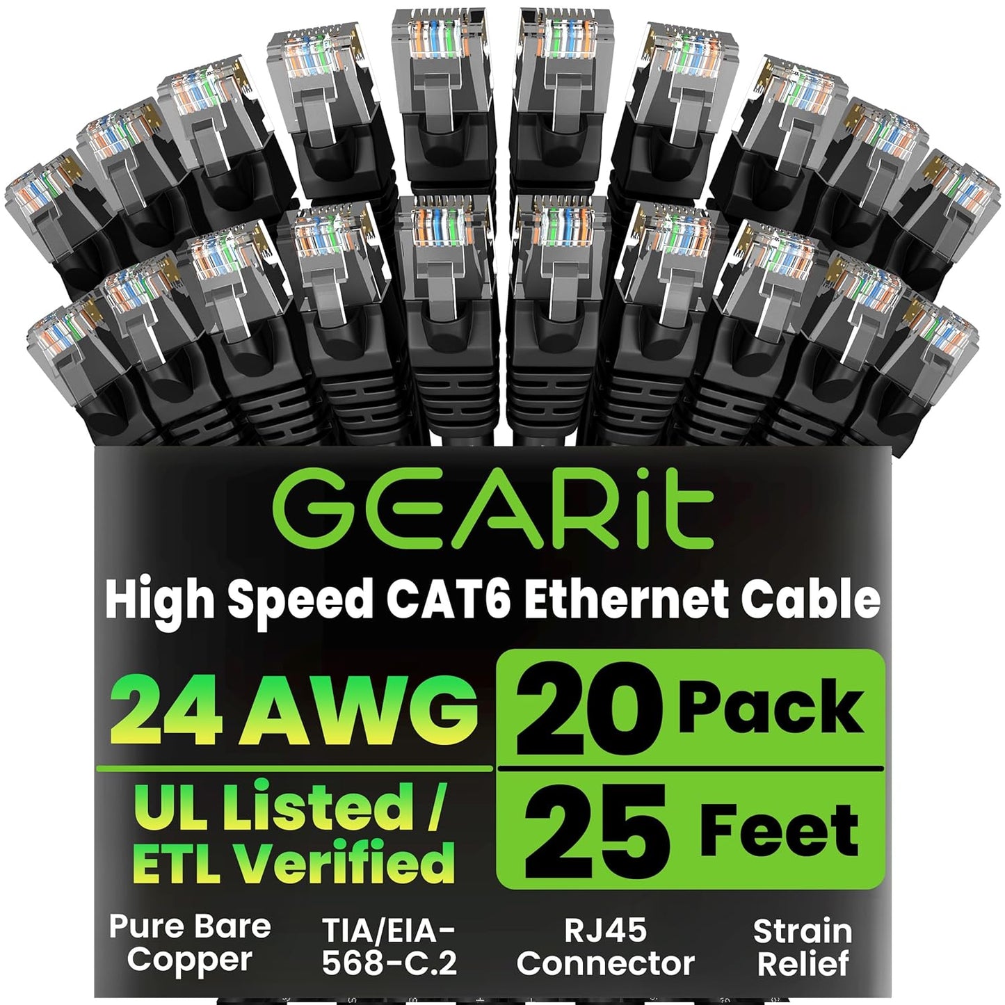 GEARit Cat 6 Ethernet Cable Pack - 20-Pack 25 ft Cat6 Ethernet Patch Cables | RJ45 Network Patch Cable, 10 Gbps Snagless Gold-Plated Connectors - Ethernet Cable Cat 6 for PC, TV, Router - Black