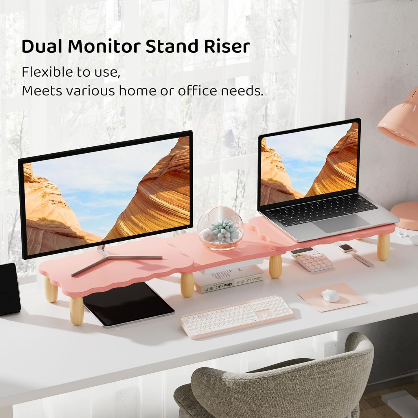 Dual Monitor Riser - Cookie-Shaped Adjustable Length & Swivel Angle, Wooden Desktop Organizer for 2 Monitors, Stand With Drawer for Laptop, PC, Computer, Printer, Pink