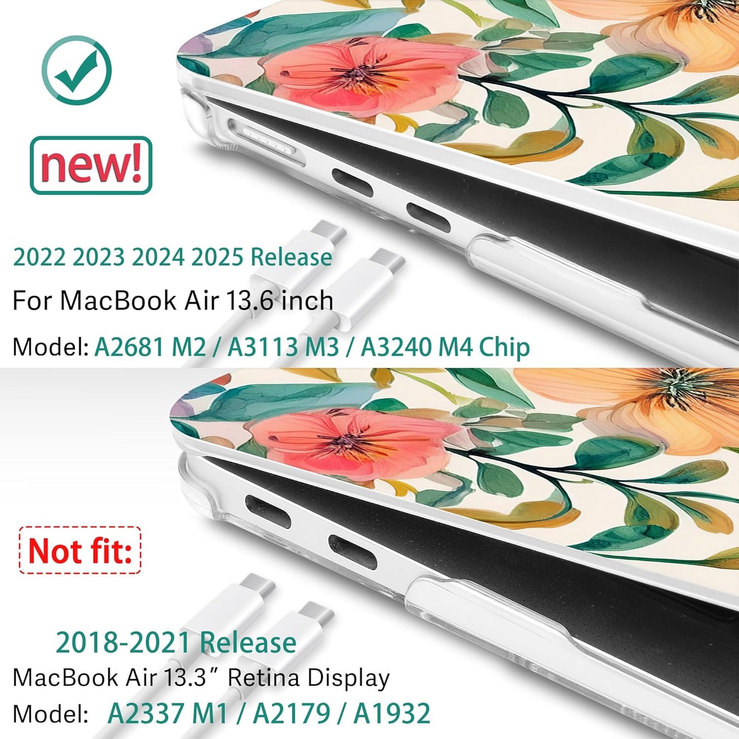 May Chen for MacBook Air 13.6 inch Case A3240 M4 A3113 M3 A2681 M2 with Retina Dispaly, 2025 2024 2023 2022 Release, Plastic Hard Shell Case with Screen Protector & Keyboard Cover, Flowers Watercolor