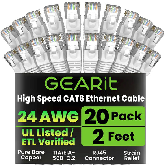 GearIT Cat 6 Ethernet Cable (20-Pack 2 Feet) Cat6 Network Patch, 10Gbps, RJ45, Snagless Cord, Gold-Plated Connectors, Internet for PC, TV, Tablet, Router, Printer, Servers, IT Data Center - White