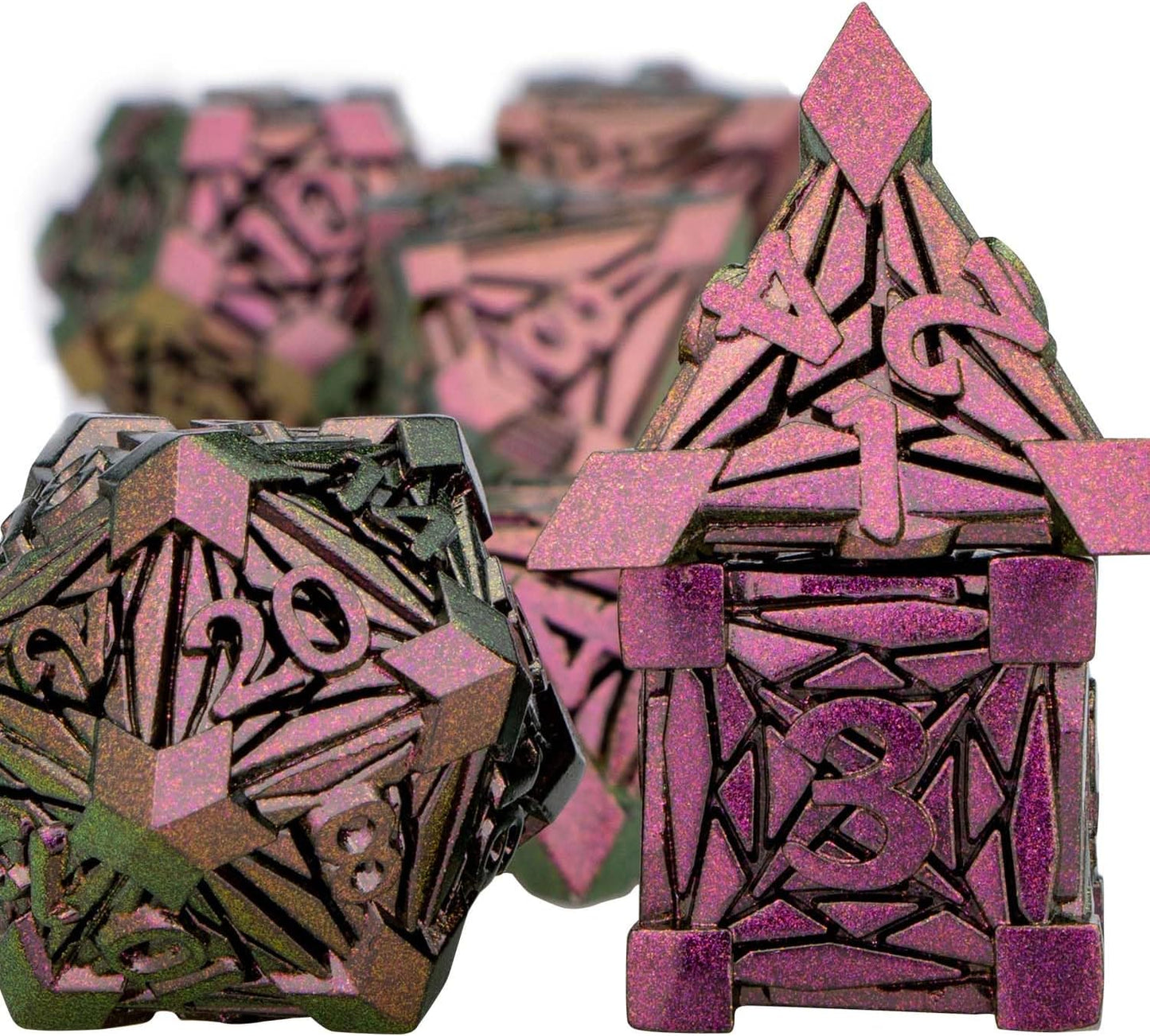 7PCS Metal DND Dice Set with Box, Debris RPG Purple Red D and D Dice for use with D&D Tabletop Games Role Playing Game Polyhedral Dice Set D20 D12 D10 D8 D6 D4