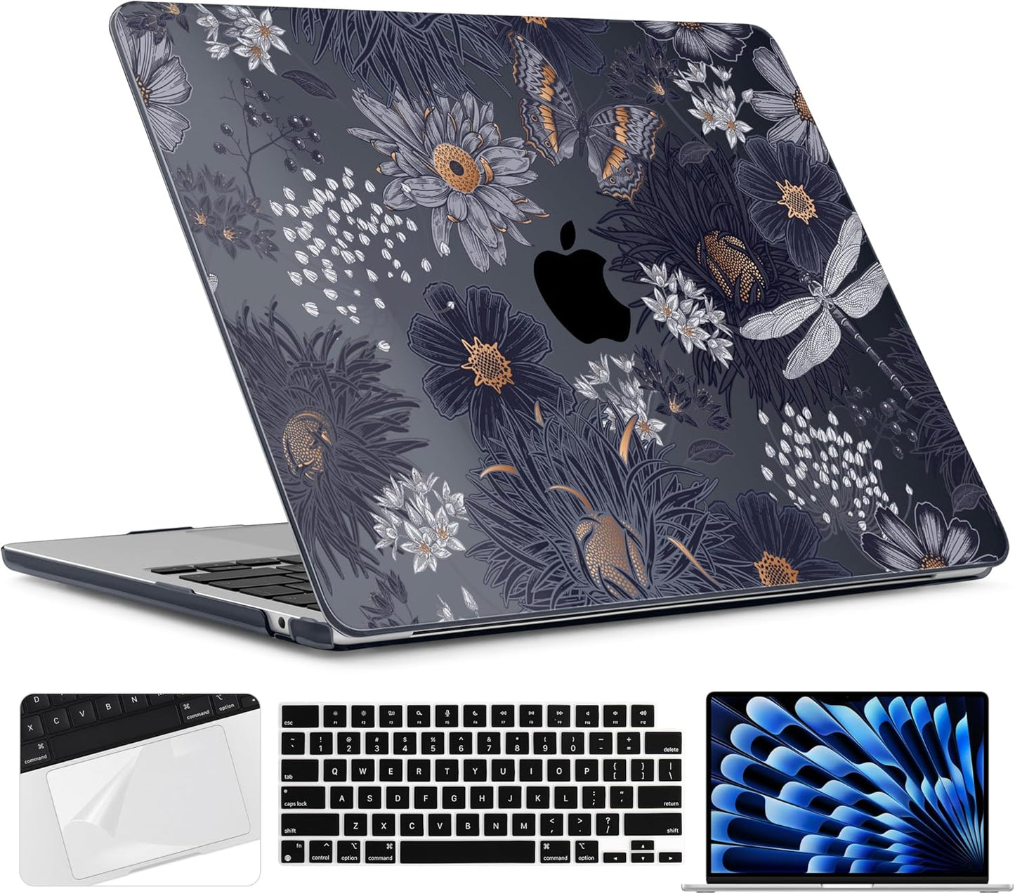 TWOLSKOO Compatible with M4 MacBook Air 15 inch Case 2025-2023 Released Model M4 A3241 M3 A3114 M2 A2941, Plastic Hard Shell & Screen Protector & Keyboard Cover & Trackpad Film, Wild Flower