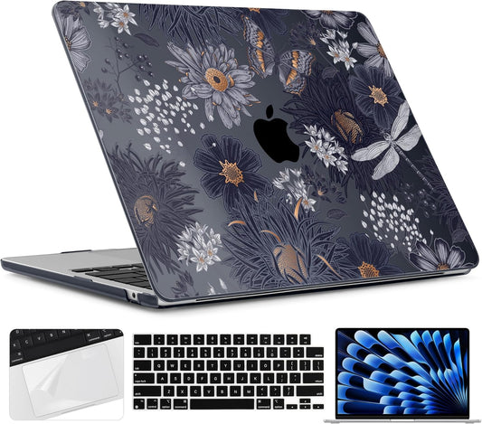 TWOLSKOO Compatible with M4 MacBook Air 15 inch Case 2025-2023 Released Model M4 A3241 M3 A3114 M2 A2941, Plastic Hard Shell & Screen Protector & Keyboard Cover & Trackpad Film, Wild Flower