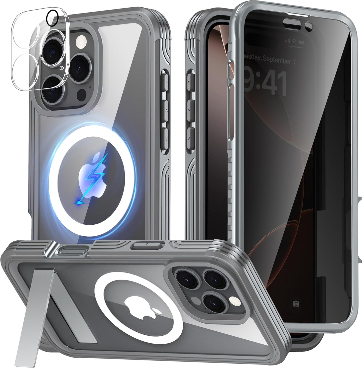 360° Protection Magnetic for iPhone 16 Pro Case Built-in 9H Privacy Screen Protector & Metal Stand[Fit for Magsafe][Anti-Spy][Lens Protector] Heavy Duty Shockproof Phone Case for iPhone 16 Pro