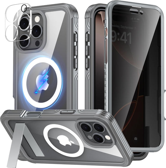 360° Protection Magnetic for iPhone 16 Pro Case Built-in 9H Privacy Screen Protector & Metal Stand[Fit for Magsafe][Anti-Spy][Lens Protector] Heavy Duty Shockproof Phone Case for iPhone 16 Pro