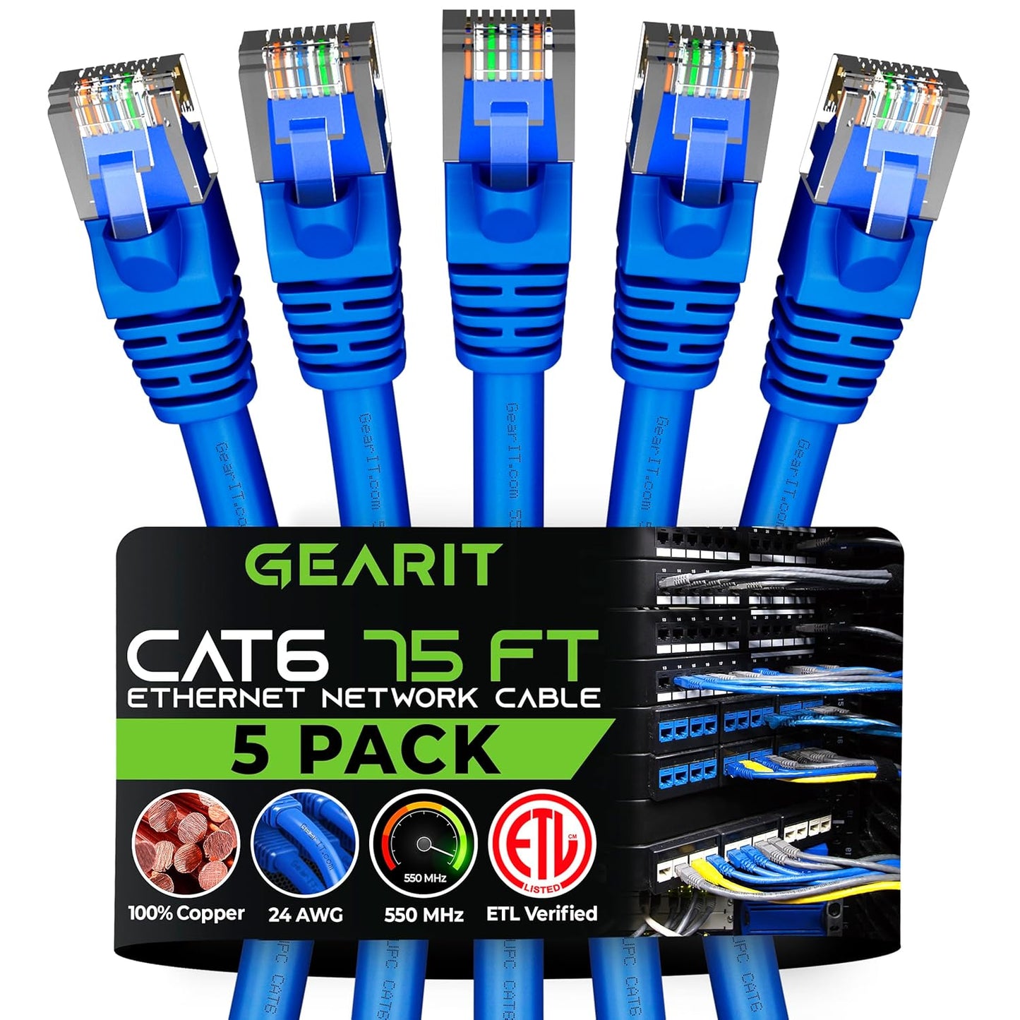 GEARit Cat 6 Ethernet Cable Pack - 5-Pack 75 ft Cat6 Ethernet Patch Cables | RJ45 Network Patch Cable, 10 Gbps Snagless Gold-Plated Connectors - Ethernet Cable Cat 6 for PC, TV, Router - Blue