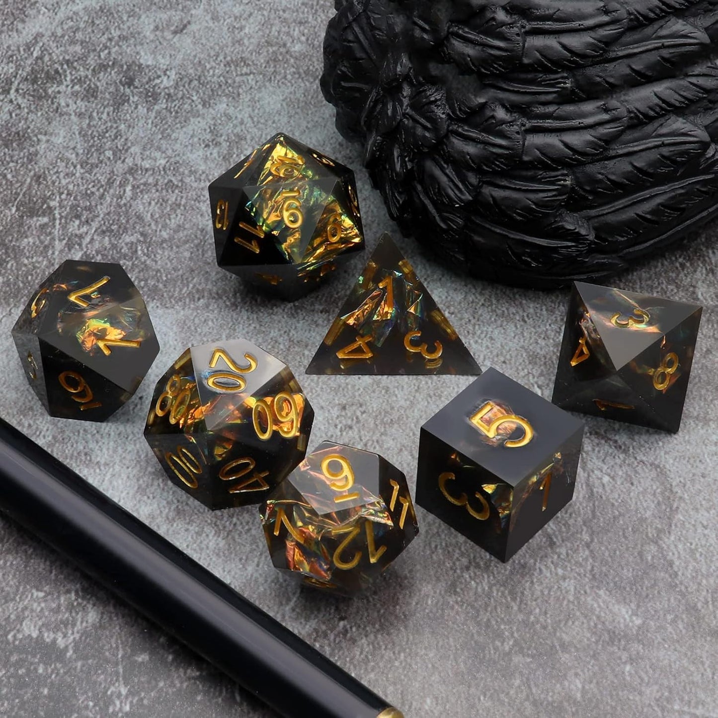 Haxtec Sharp Edge Dice Set DND Dice Black Resin Dice Iridecent Mylar Galaxy D&D Dice for RPG Role Playing Compatible with Dungeons and Dragons Gift