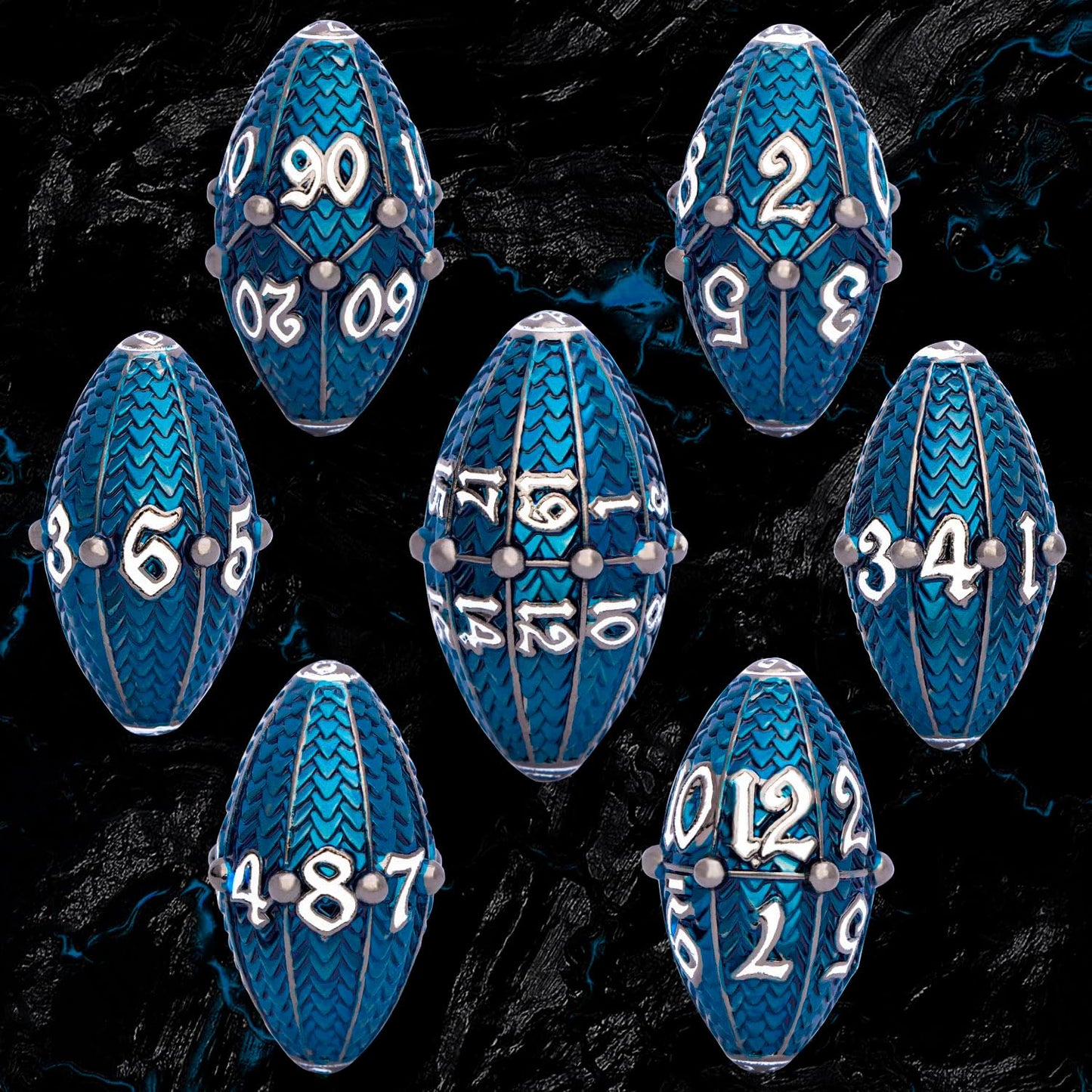 ARUOHHA DND Metal Dice Black Blue Dragons Egg Dice with Rotating Dragon Egg Shell, Compatible with D&D RPG Role Playing Game, Dungeons Polyhedral D and D Dice Set D20 D12 D10 D8 D6 D4