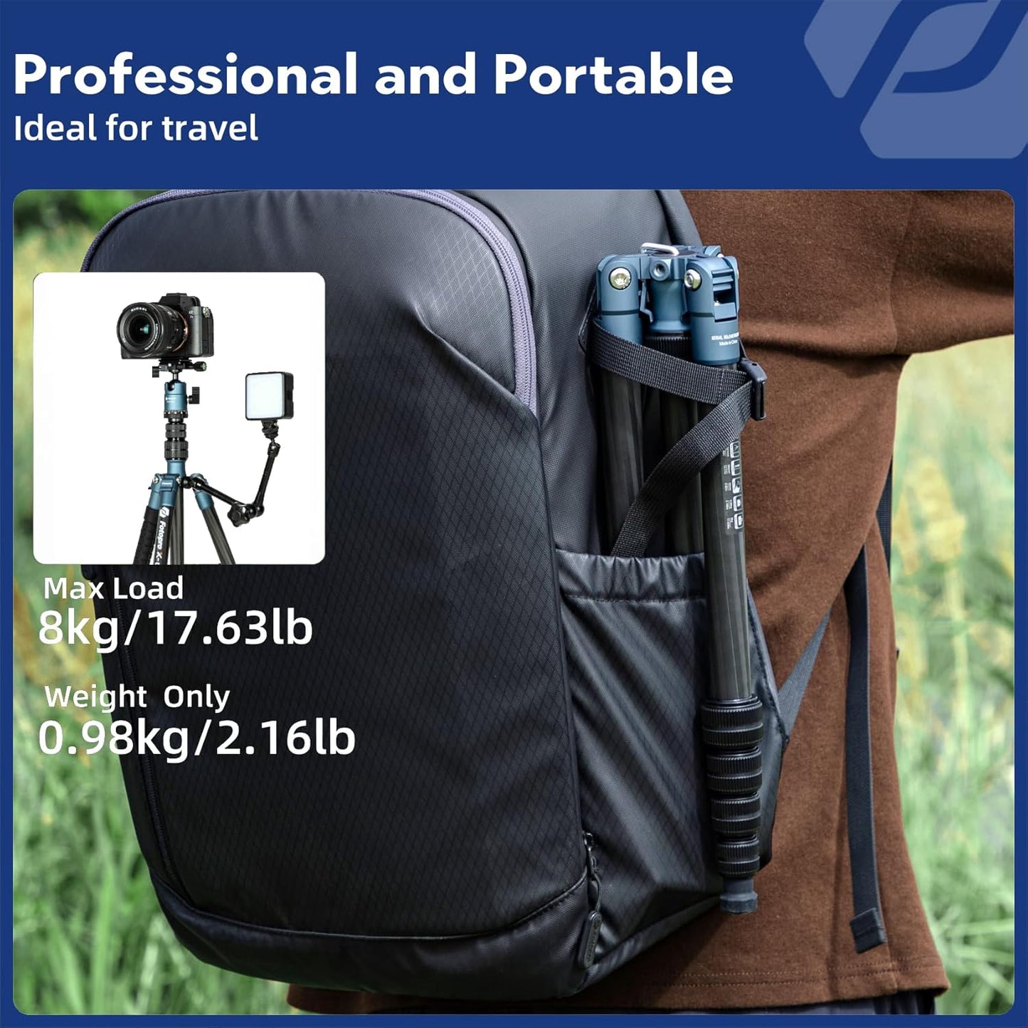 Fotopro 59" Carbon Fiber Travel Tripod, Compact Camera Tripod with Ball Head, Detachable Monopod with Quick Release Plate and Bag, Load up to 8KG/17.63lbs, Blue