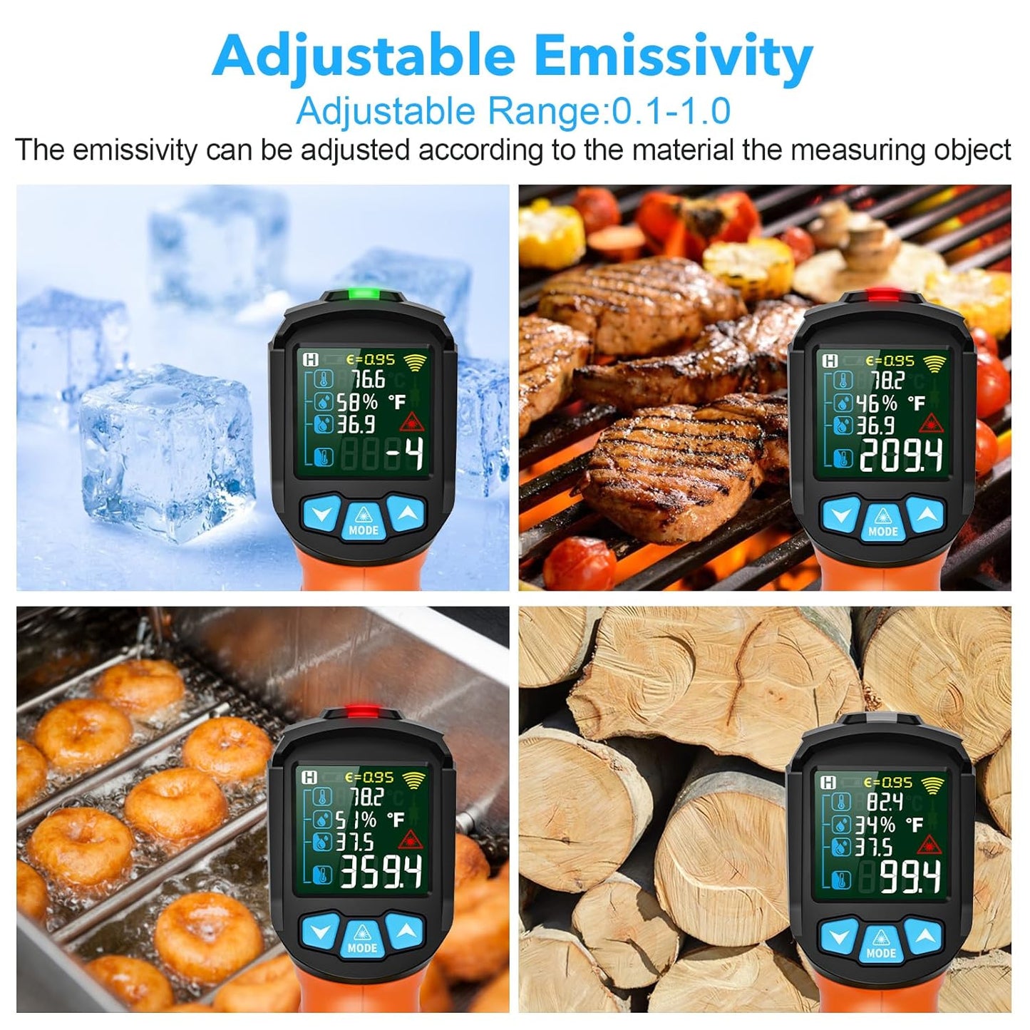 Infrared Thermometer Gun, TEMIRUP Digital Laser Temperature Gun, -58°F to 1472°F, Non Contact IR Temp Gun with Color LCD for Industrial, Cooking, Griddle, Engine, HVAC,Adjustable Emissivity & Humidity