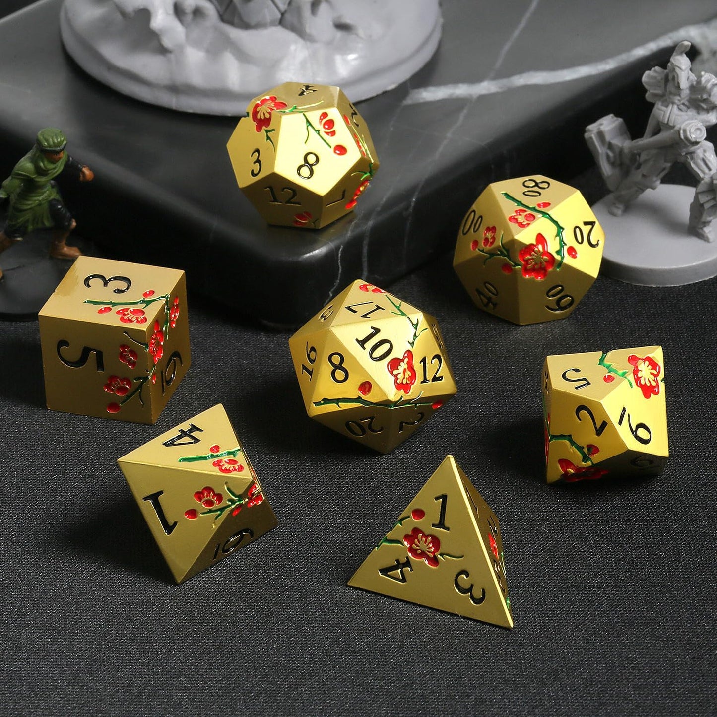 DNDND Flowers Metal Dice, 7 PCS Metallic DND Dice with Gorgeous Gift Case for D&D Dungeons and Dragon Tabletop Game (Red Flowers with Gold)