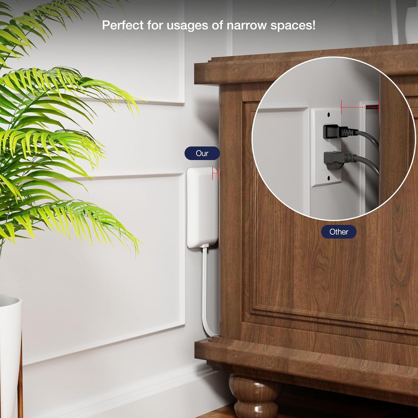 Flat Plug Extension Cord 6FT - 3 Outlets Power Strip with Ultra Thin Detachable Baby Proofing Outlet Cover Behind TV Furniture ETL Listed 13A 125V 1625W White