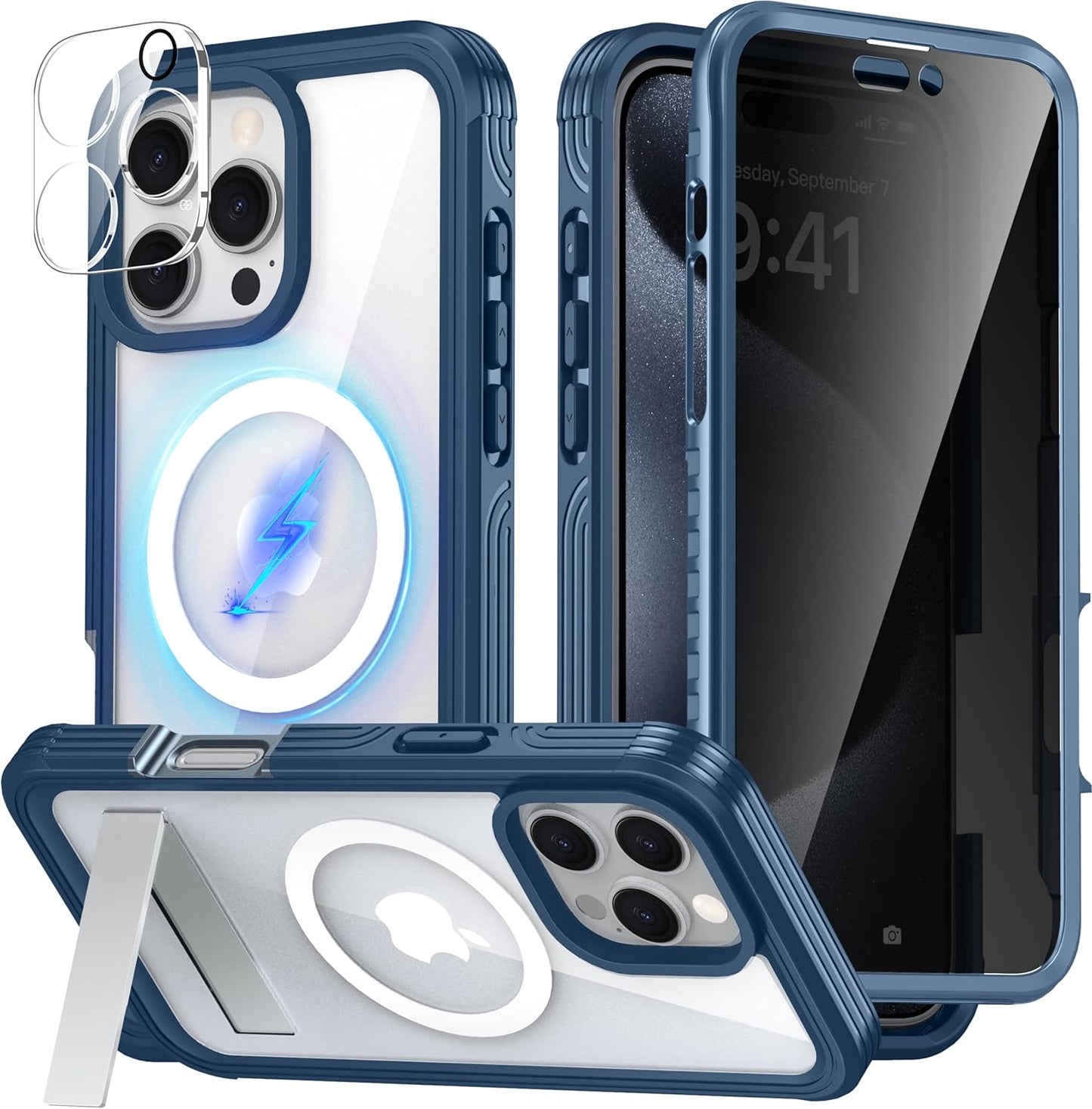 360° Protection Magnetic for iPhone 16 Case Built-in 9H Privacy Screen Protector & Metal Stand[Fit for Magsafe][Anti-Spy][Lens Protector] (Dark Blue, Phone 16 Pro Max)