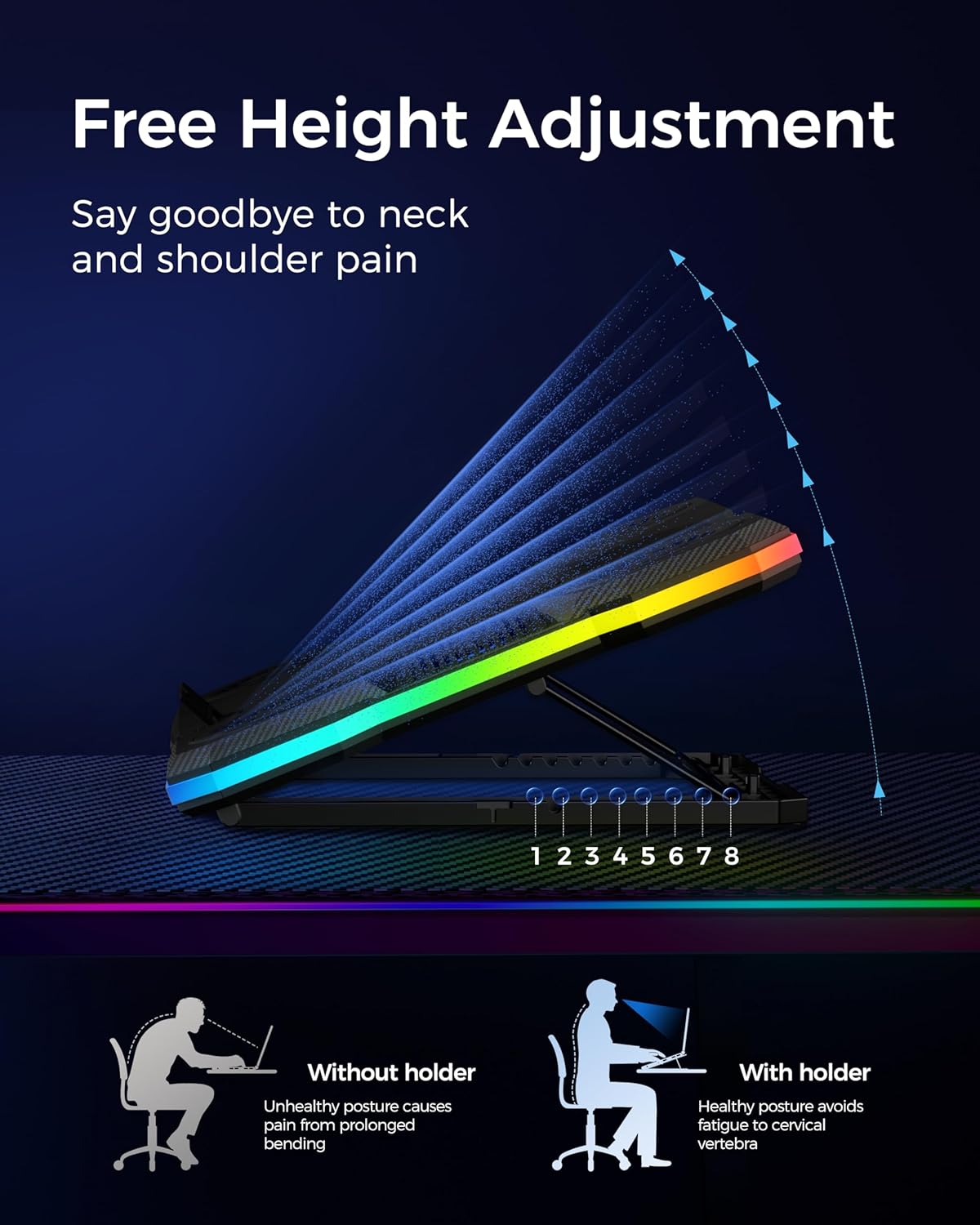 ChillCore Laptop Cooling Pad, RGB Lights Laptop Cooler 9 Fans for 15.6-19.3 Inch Laptops, Gaming Laptop Fan Cooling Pad with 8 Height Stands, 2 USB Ports - A21 Blue