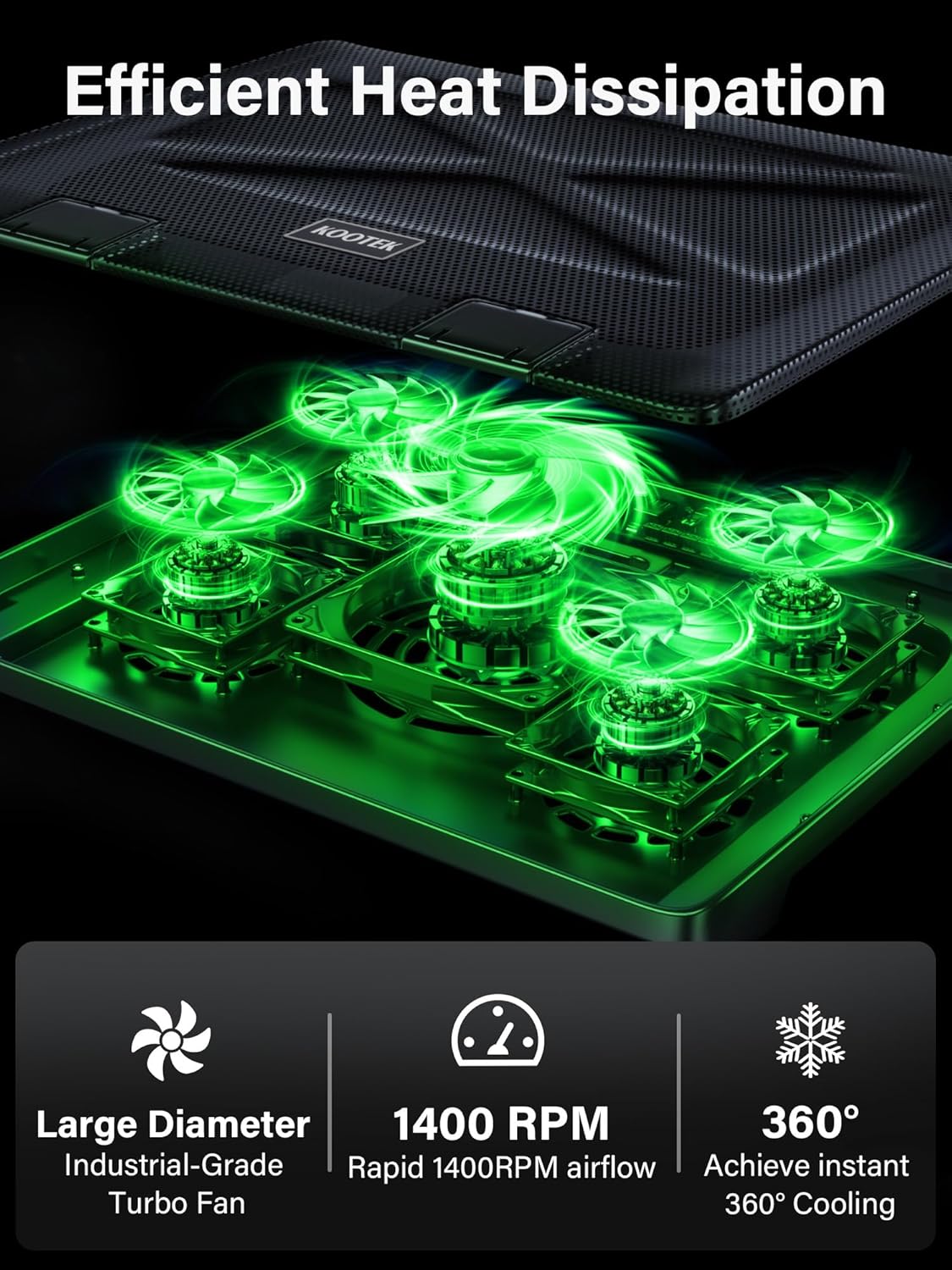 Kootek Laptop Cooling Pad, Laptop Cooler with 5 Quiet Fans for 12"-17" Computer PC Notebook Gaming Laptop Fan, Height Adjustable Laptop Cooling Stand Laptop Accessories, Green