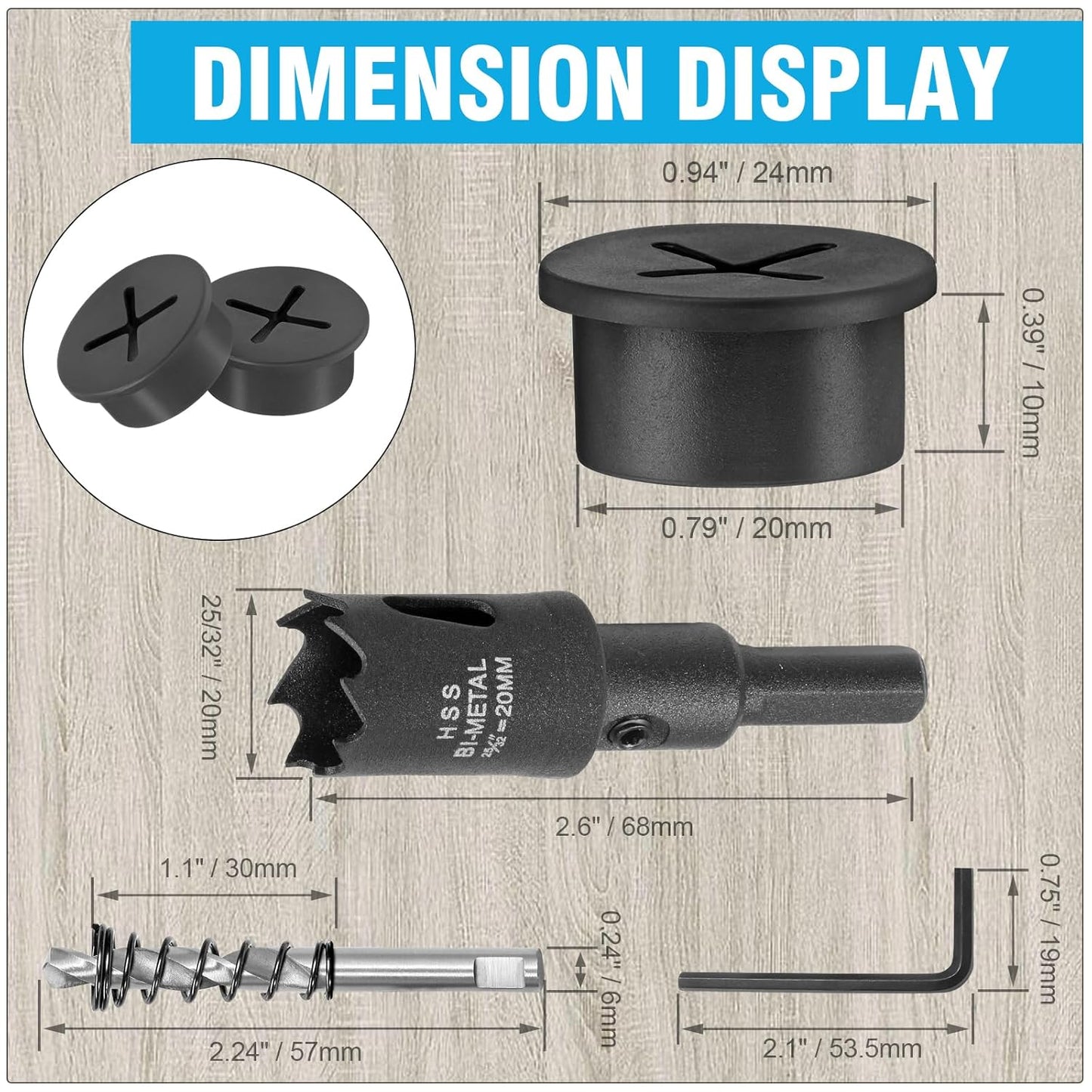 3/4" Black Desk Grommet, JTemgle Flexible Cable Grommet with Bi-Metal Hole Saw Cross Rubber Cable Hole Cover Wire Organizer Caps Desktop Cord Management for Home Office TV Stands Tabletops, 13 Pieces