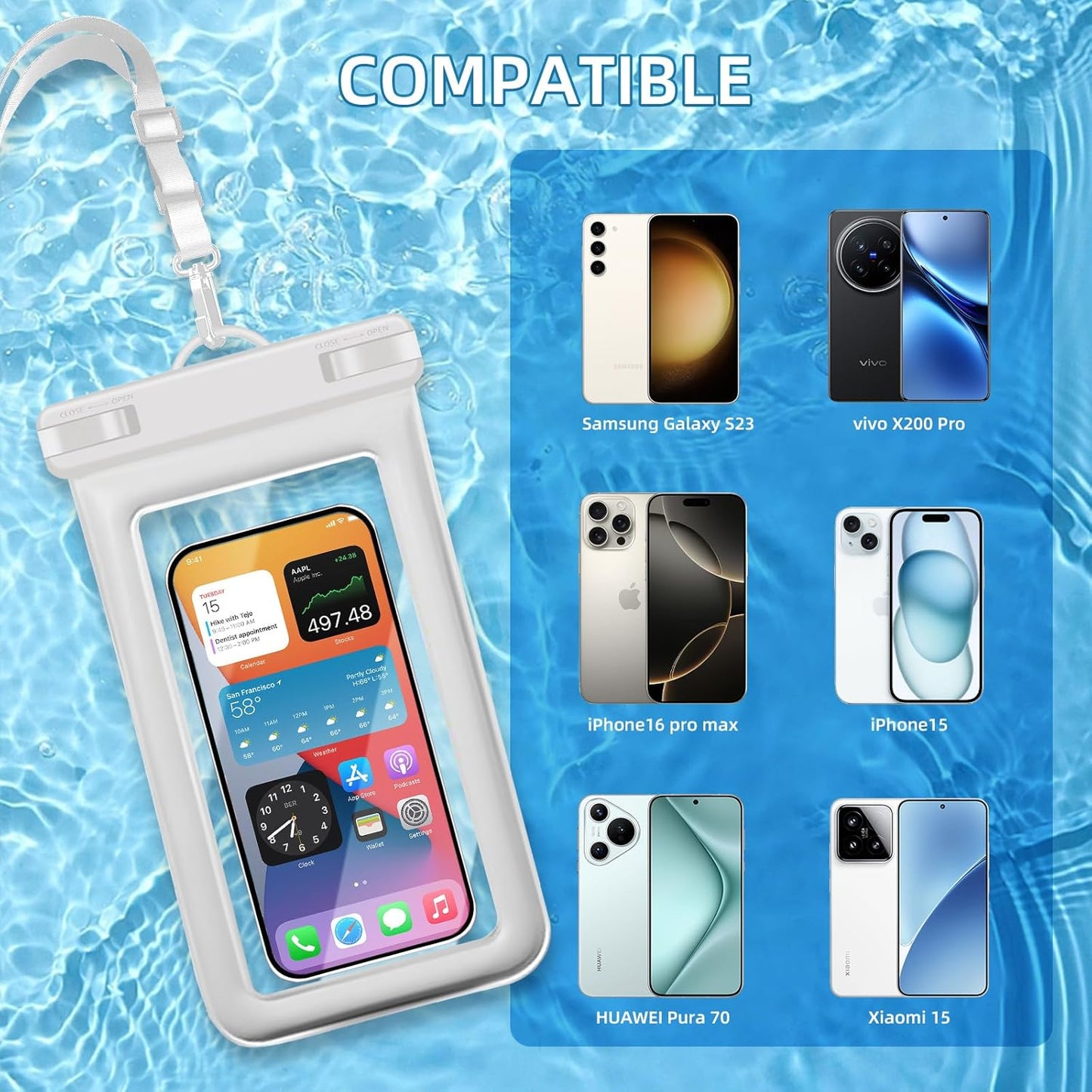 IPX8 Floating Waterproof Phone Pouch 2-Pack,7.2 Inch Waterproof Pouch for iPhone16/15/14 Pro Max Galaxy S24/S23 Adjustable Lanyard + Wrist Strap Beach Swimming Travel Essentials Black White