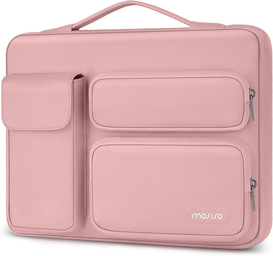 MOSISO 360 Protective Laptop Case 13.3 inch, 13-13.3 inch Laptop Sleeve Compatible with MacBook Air/Pro 13 / Pro 14, HP Dell ASUS Lenovo, Side Open Bag with 2 Raised&1 Flapover Pockets, Pink