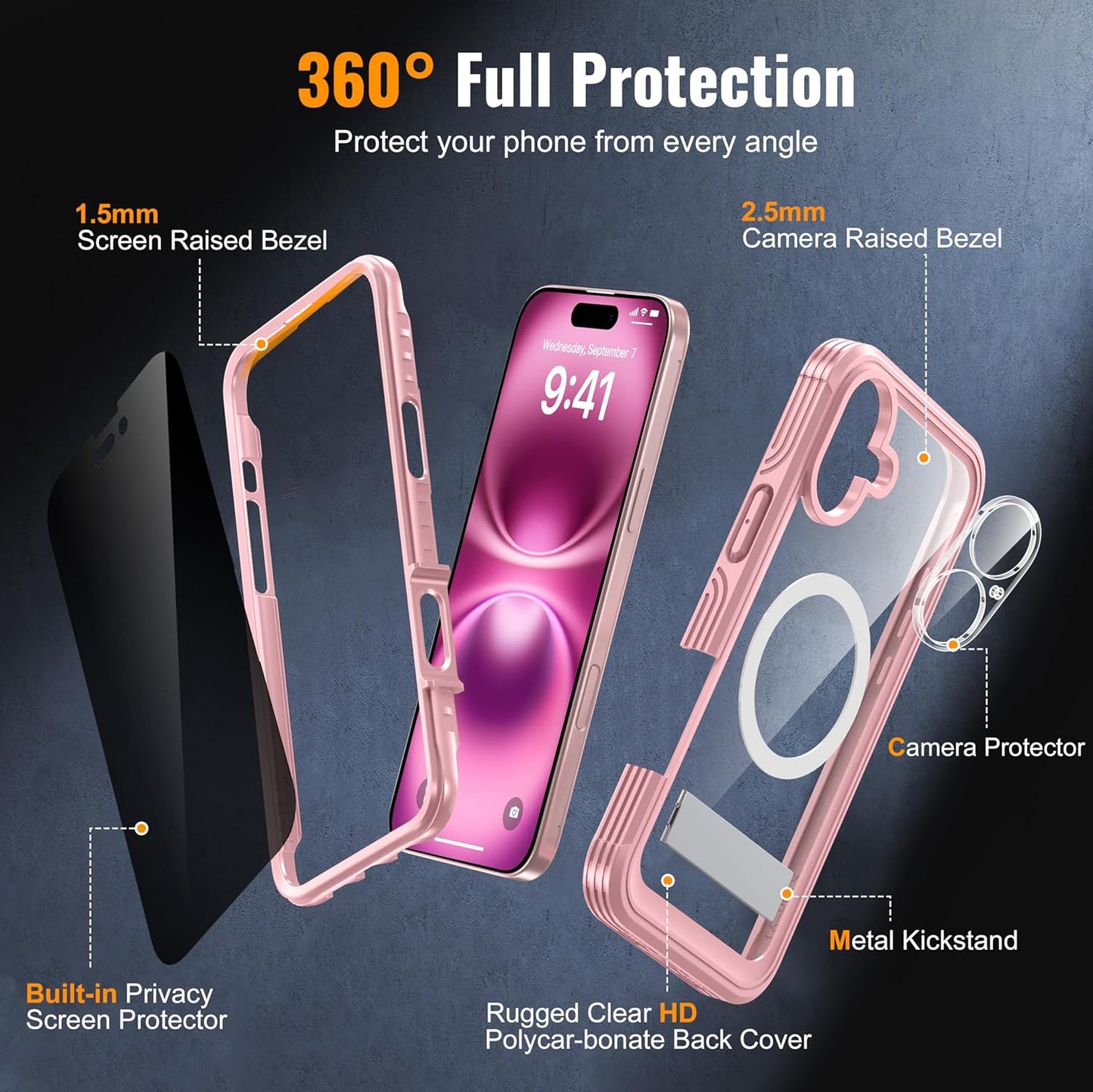 360° Protection Magnetic for iPhone 16 Case Built-in 9H Privacy Screen Protector & Metal Stand[Fit for Magsafe][Anti-Spy][Lens Protector] Heavy Duty Shockproof Phone Case for iPhone 16(Pink)