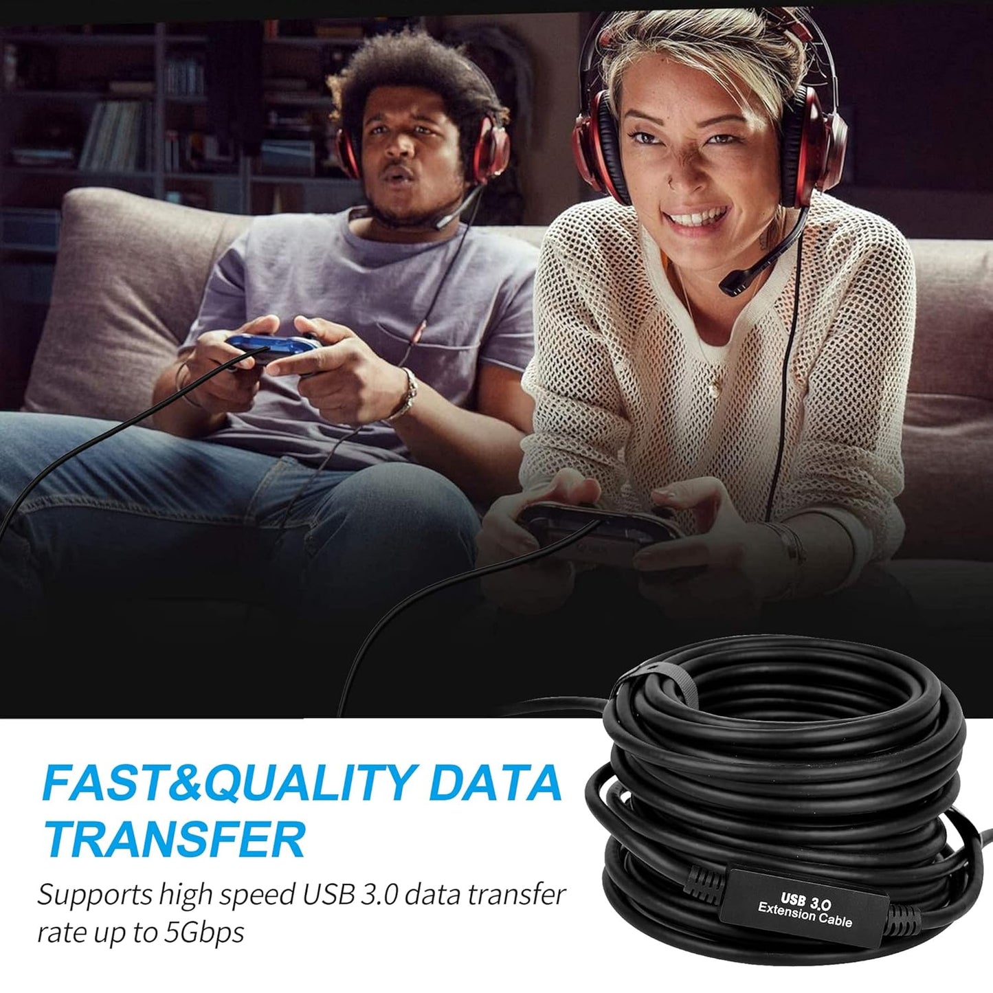 50FT USB 3.0 Active Extension Cable, USB Extension Cord A/M to A/F (15M) for USB HUB,Webcam,Xbox,Oculus Quest 2/3 VR,PS4,Printer,External Hard Disk