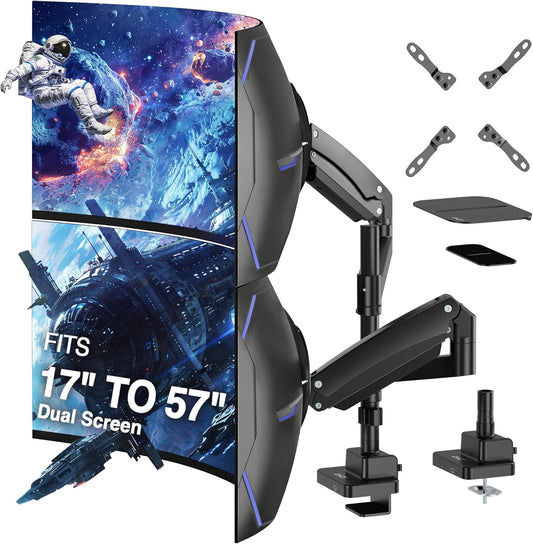 AVLT Dual 57 Inch Heavy Duty Stacking Monitor Arm Pole Top Mount With USB-C USB-A Ports-Black, Height Adjustable, Easy Install Top C-Clamp/Grommet With Reinforcement Plates, VESA Compatible 200/100/75