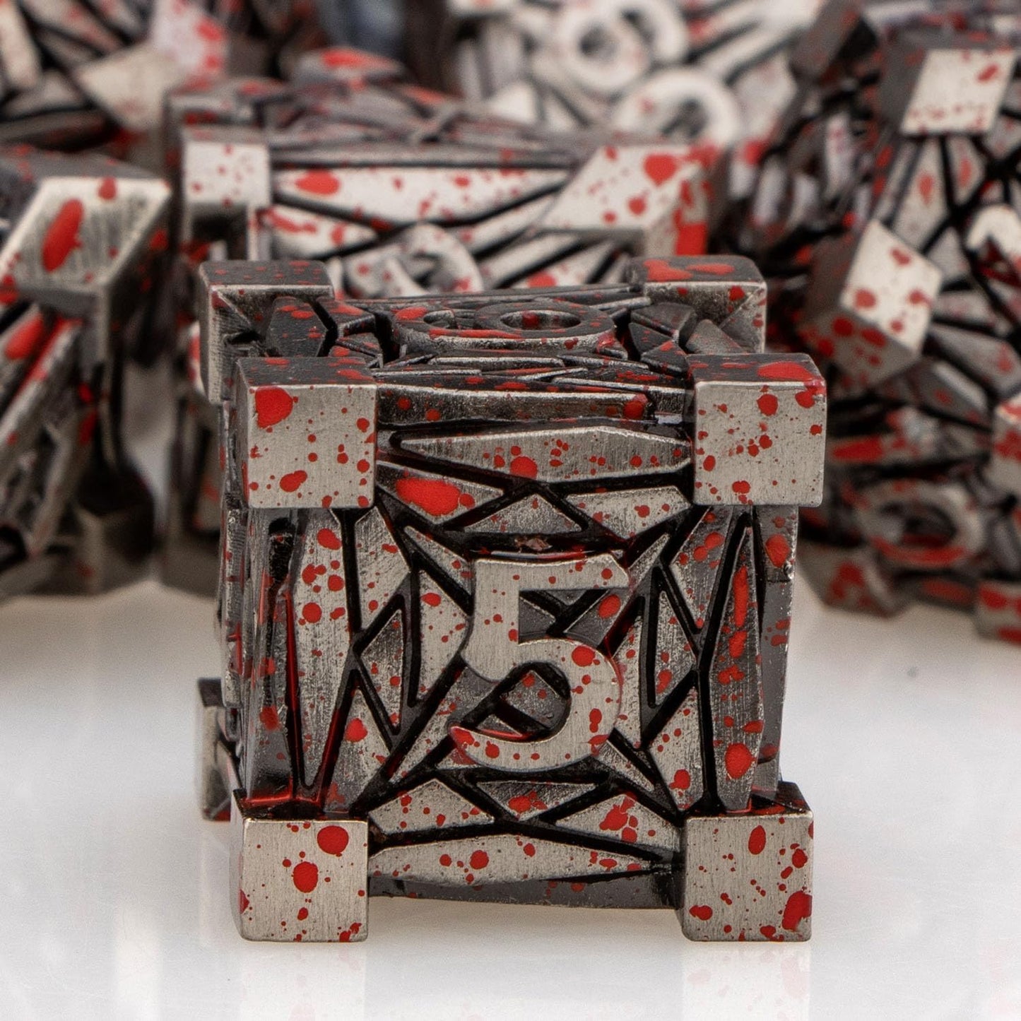 7PCS Metal DND Dice Set with Box, Debris RPG Blood Spatter D and D Dice for use with D&D Tabletop Games Role Playing Game Polyhedral Dice Set D20 D12 D10 D8 D6 D4