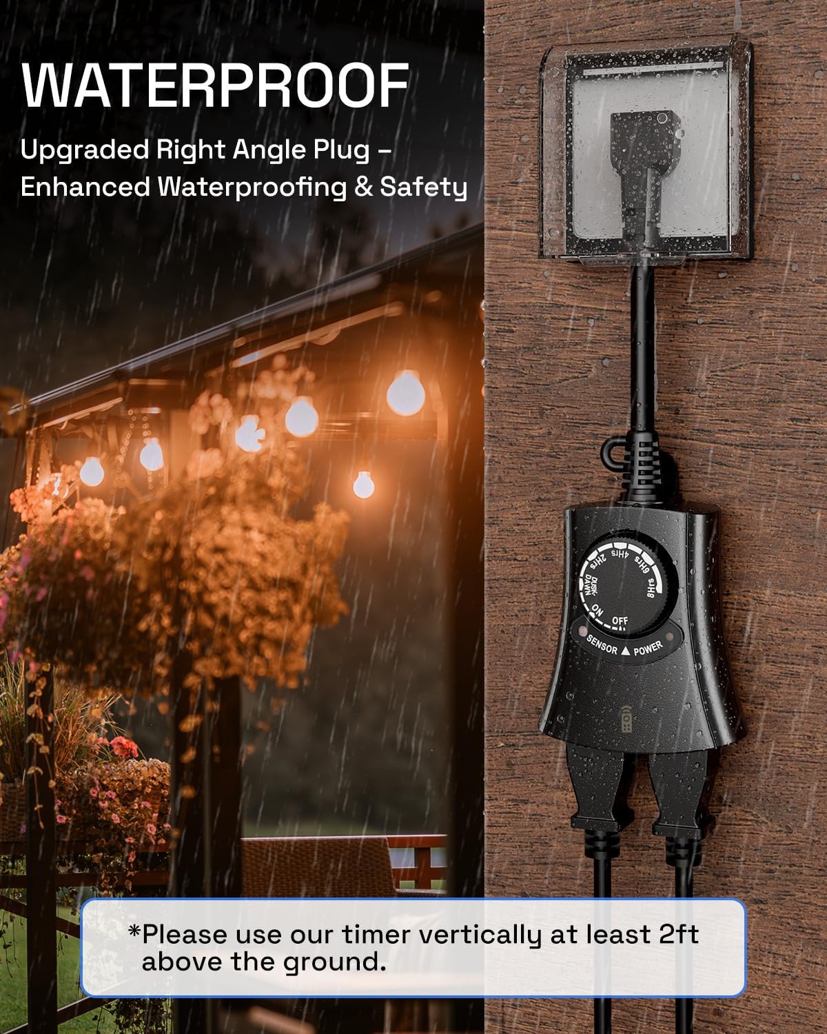 HBN Outdoor Light Timer with Remote Control, Waterproof Light Sensor Timer, 100 ft Wireless Range, 2 Grounded Outlets for Christmas Lights, 15A 1/2HP Heavy Duty