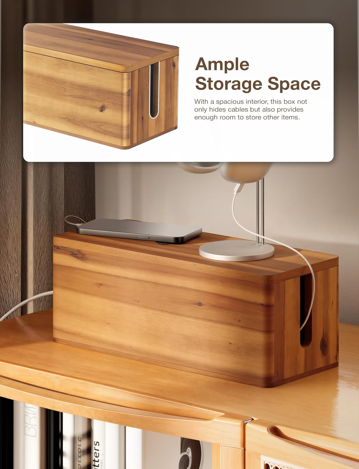 Acacia Wood Cable Management Box Round Edge - 16" L Wooden Cable Organizer Box for Electrical Hiding Cord Management - Power Strip Hider Cable Storage Box for Office, Router Wires, Under Desk