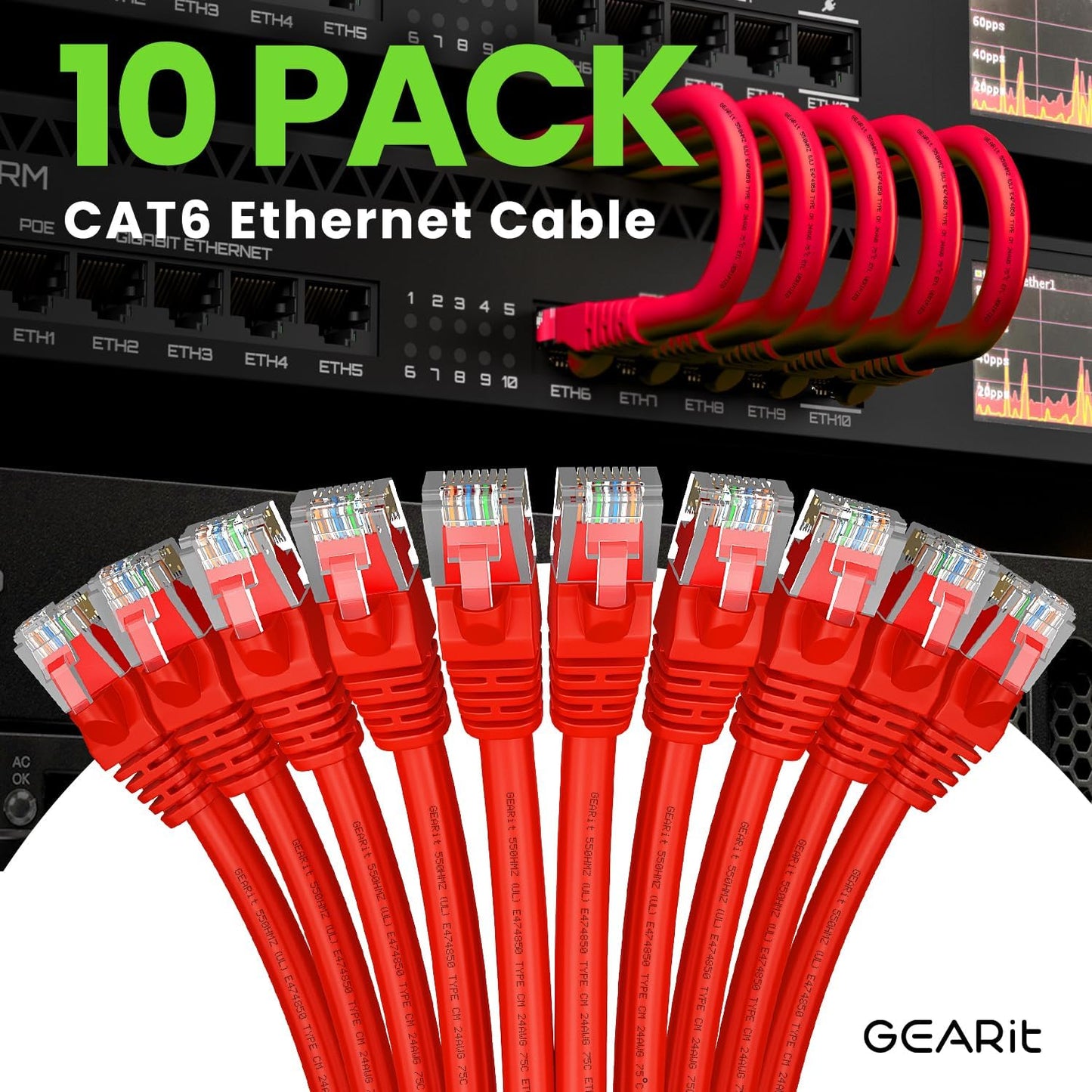 GearIT Cat 6 Ethernet Cable (100-Pack 2 Feet) Cat6 Network Patch, 10Gbps, RJ45, Snagless Cord, Gold-Plated Connectors, Internet for PC, TV, Tablet, Router, Printer, Servers, IT Data Center - Red