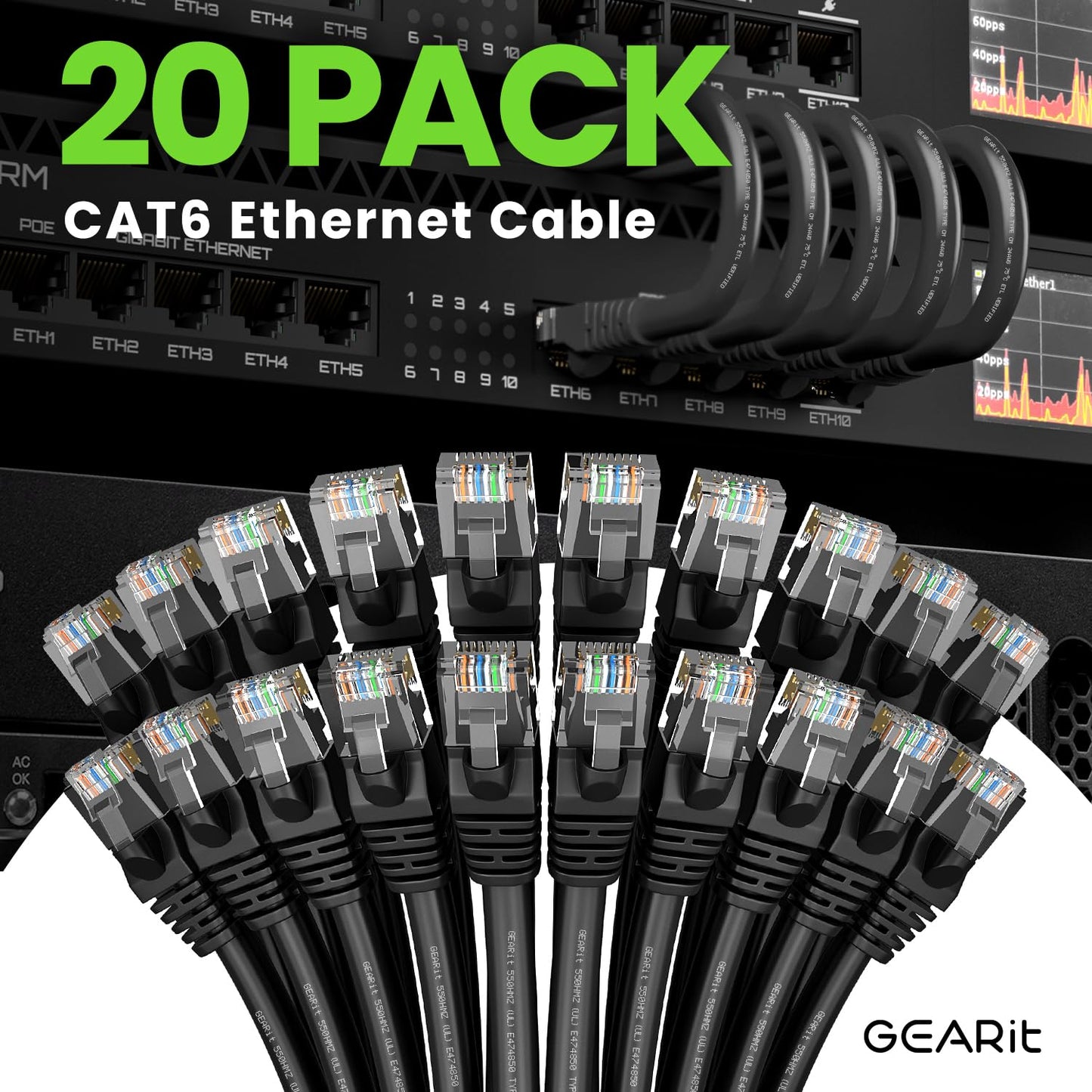 GearIT Cat 6 Ethernet Cable Pack - 20-Pack 2 ft Cat6 Ethernet Patch Cables | RJ45 Network Patch Cable, 10 Gbps Snagless Gold-Plated Connectors - Ethernet Cable Cat 6 for PC, TV, Router - Black
