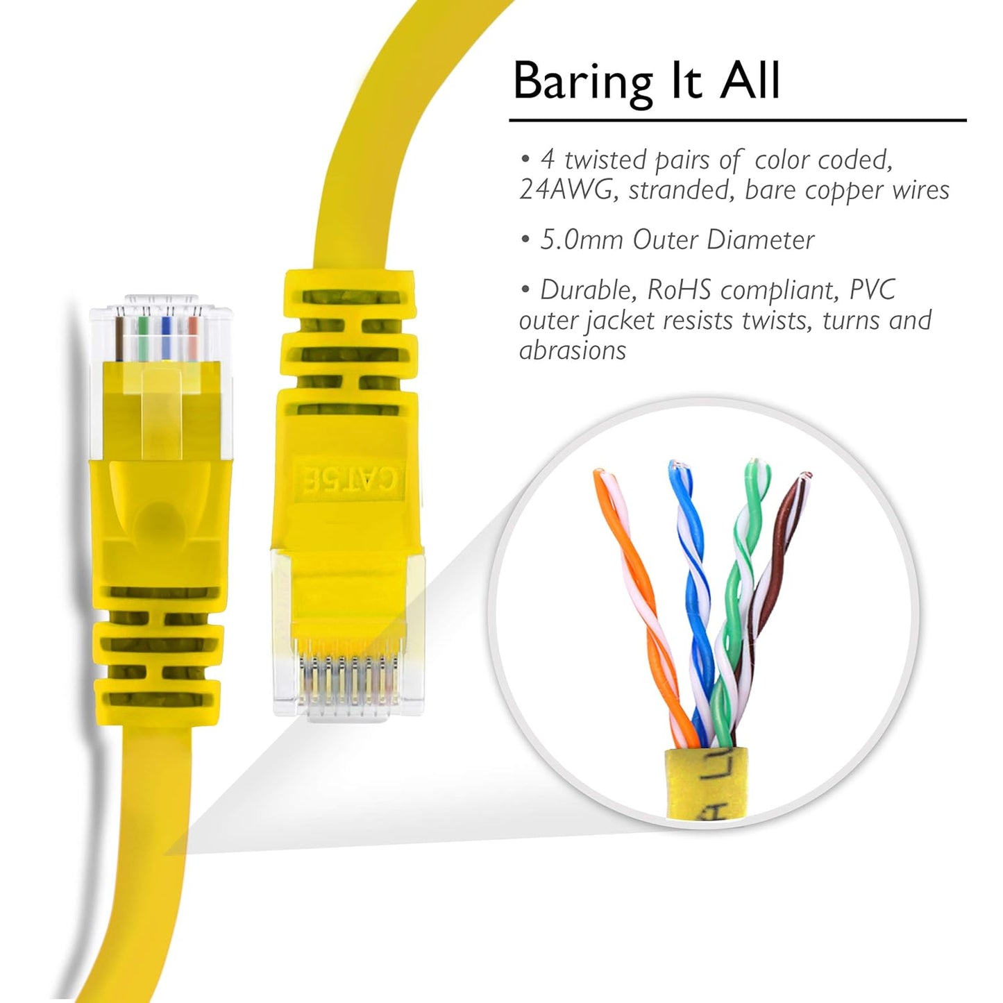 GearIT 50-Pack, Cat5e Ethernet Patch Cable 1 Foot - Snagless RJ45 Computer LAN Network Cord, Yellow - Compatible with 48 Port Switch POE Rackmount 48port Gigabit
