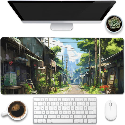 Anime Abandoned Town Desk Mat, Large Gaming Mouse Pad with Non-Slip Base and Stitched Edge, 35.4"x15.7"