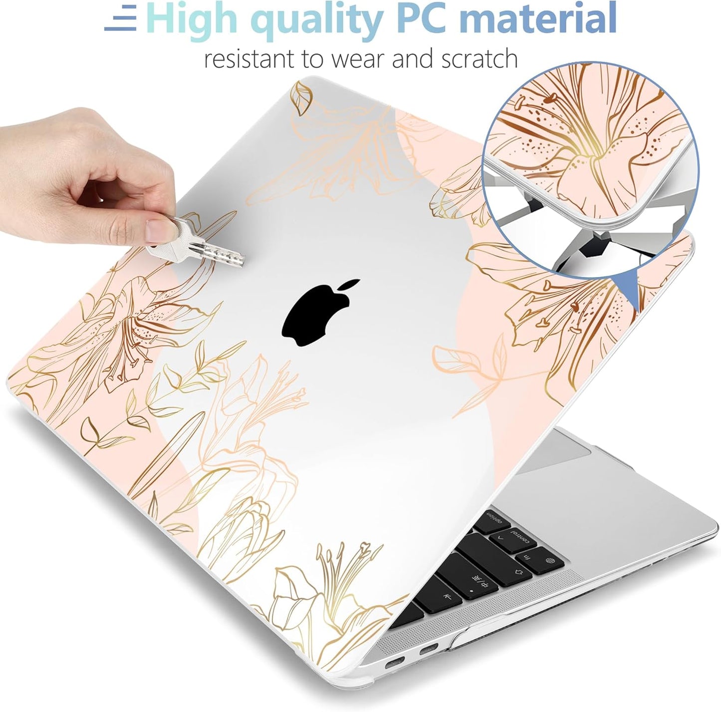 MEEgoodo for MacBook Air 13 inch Case 2021 2020 2019 2018 Released A2337 M1 A2179 A1932 with Touch ID, Plastic Hard Shell & Keyboard Cover Compatible with MacBook Air Case 13.3, Gold Flowers Lilies