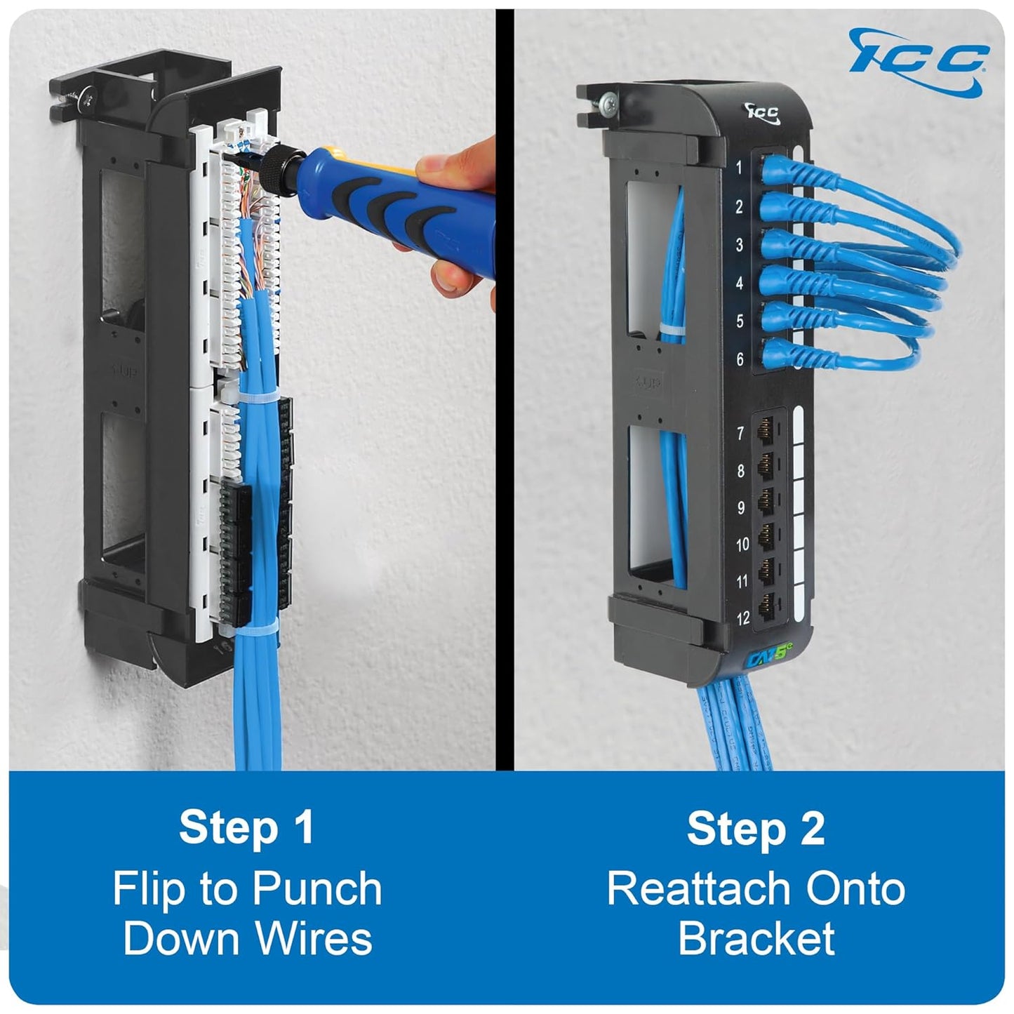 ICC CAT5e Patch Panel, UL Listed & PoE++ Rated Gigabit Applications, Wall Mount 12 Port Network Patch Panel with Rear 110 IDC Terminal Blocks and 89D Wall Mount Bracket, Black