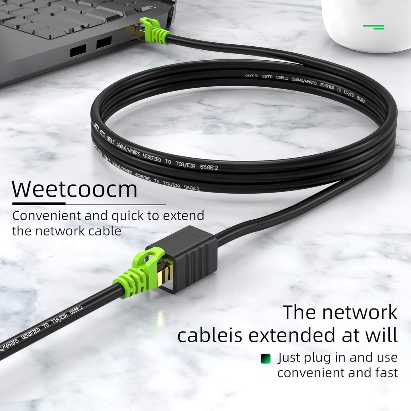 Ethernet Extension Cable 1.5ft, Network Cat6a Extension Patch Cable RJ45 Cords Shielded Male to Female Connector (1.5FT)