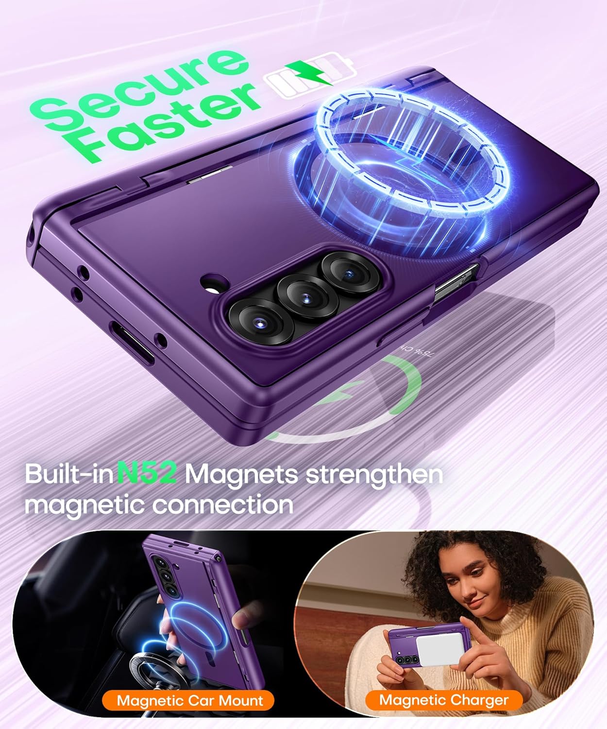 BERFY Magnetic for Samsung Galaxy Z Fold 6 Case with Privacy Screen Protector, [Compatible with MagSafe][Anti Spy] Built-in S Pen Holder & Kickstand, Full-Body Shockproof Case for Z Fold 6, Purple