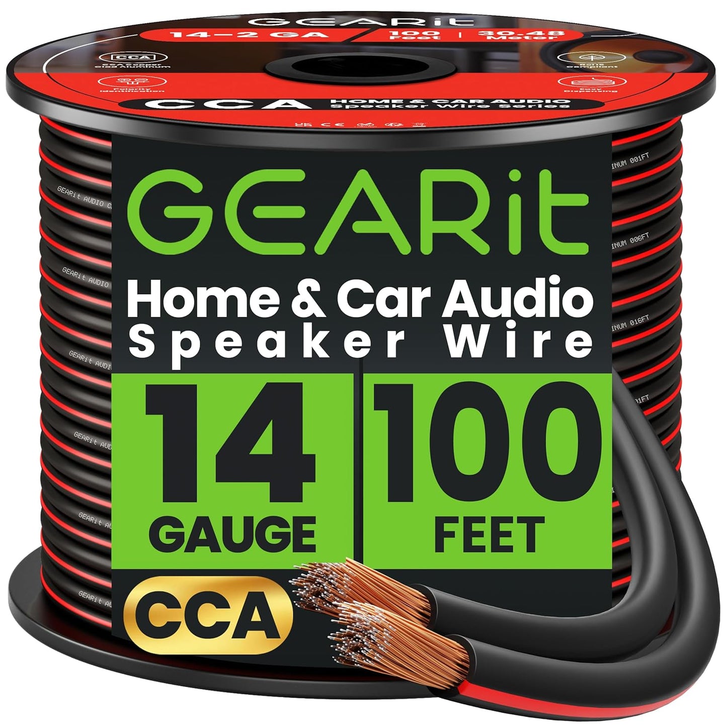 GEARit Speaker Wire 14 Gauge, Speaker Cable 100ft for Car Audio, Home Theater, CCA(Black)