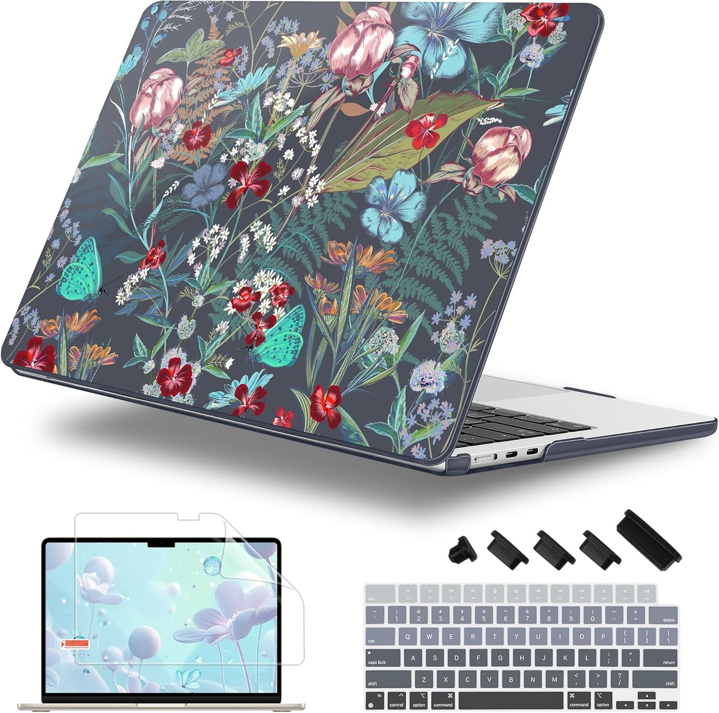 Case for MacBook Air 15 Inch 2025 2024 2023 Release M4 A3241 M3 A3114 M2 A2941, Hard Shell with Screen Protector & Keyboard Cover, Compatible with Touch ID, Flowers & Herbs