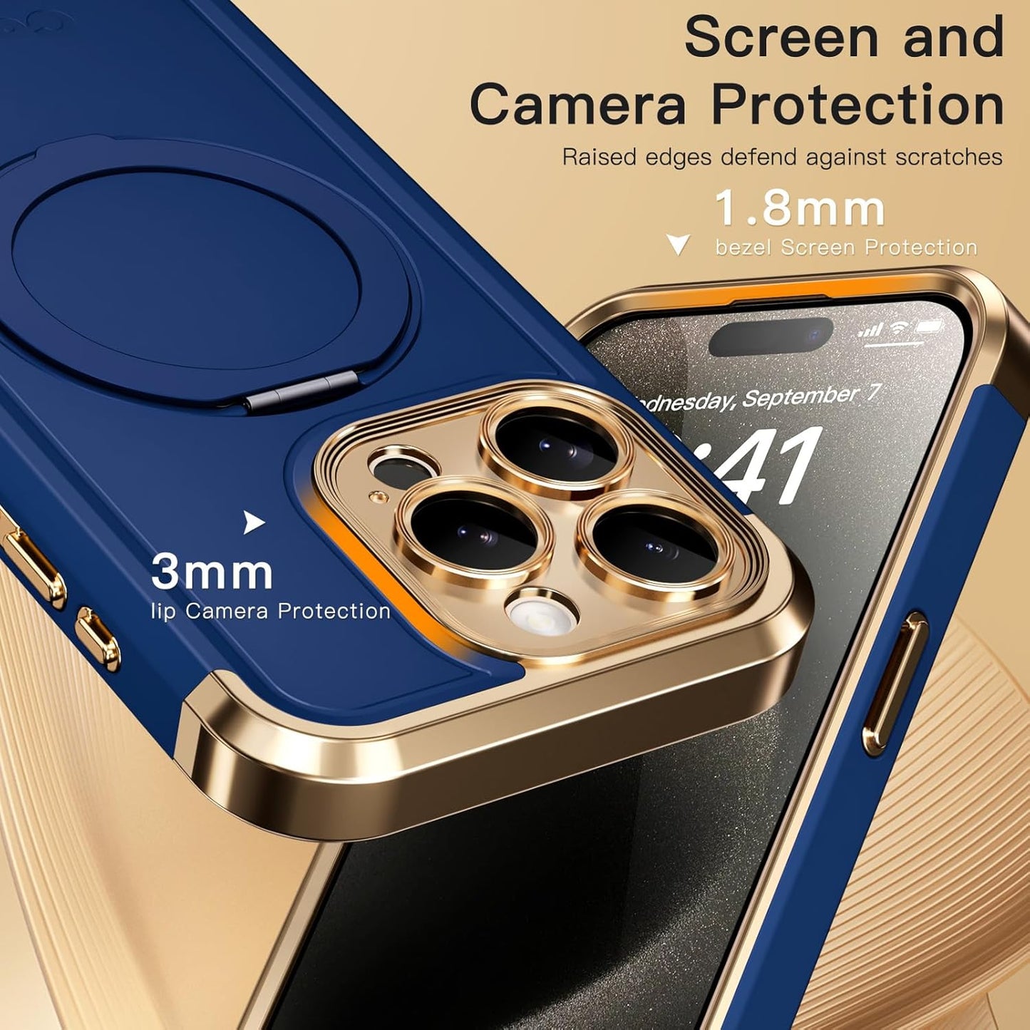 COOLQO for iPhone 14 Pro Case 6.1'' Upgraded 360° Spin Magnetic Stand [Compatible with Magsafe][Military Protection] Shockproof Protective Phone Holder Cover for iPhone 14 Pro, Blue Gold