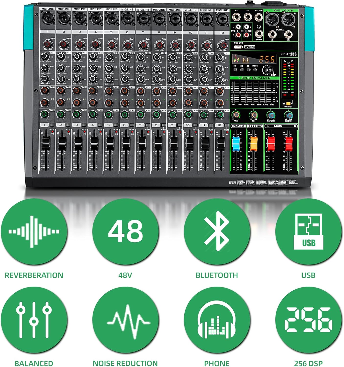 Depusheng PA12 Professional Audio Mixer Sound Board Console Desk System Interface 12 Channel Digital USB Bluetooth MP3 Computer Input 48V Phantom Power Built-in 256 Reverb Effect, Black