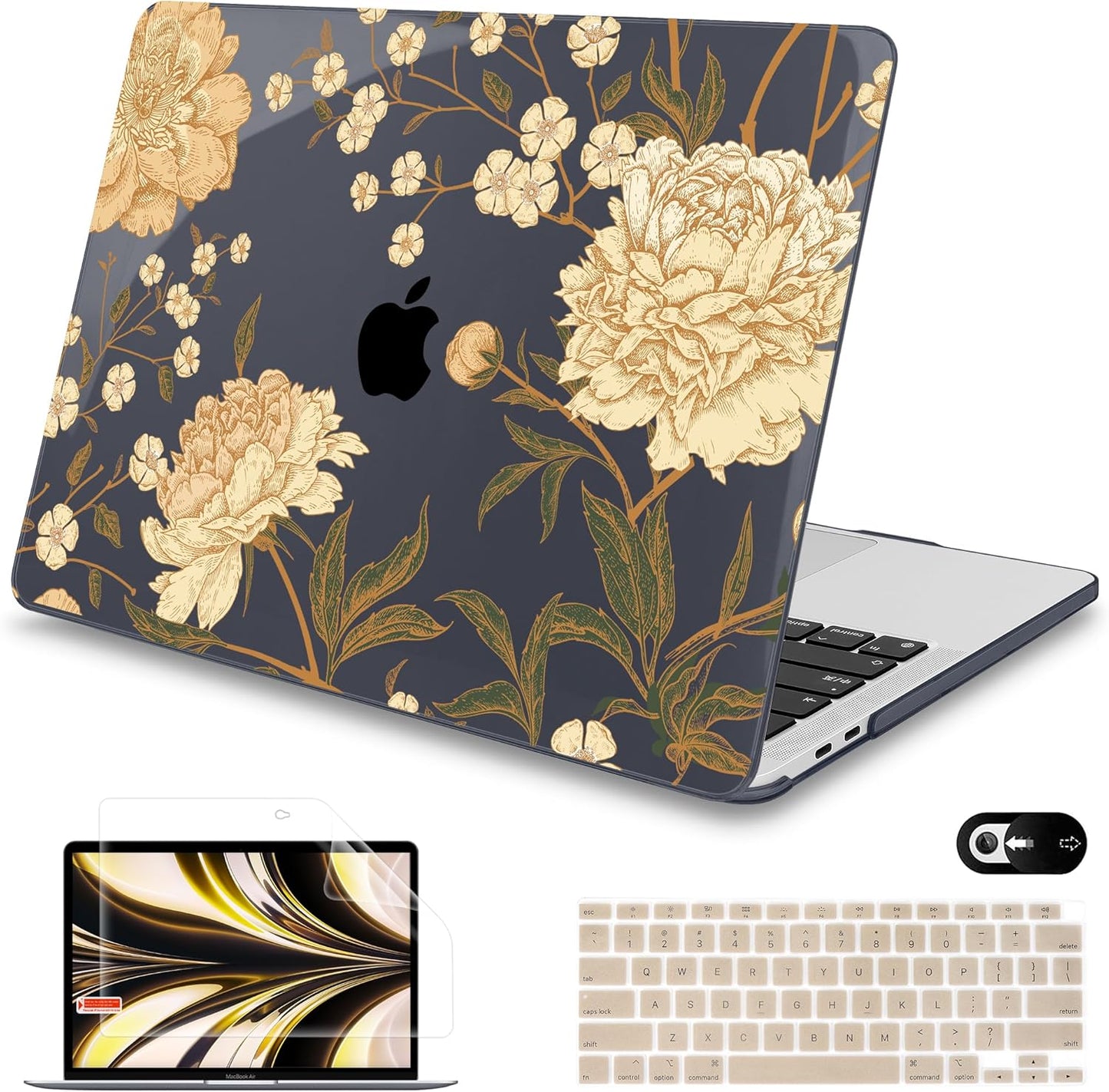 Mektron for MacBook Air 13 Case A1466/A1369 (2010-2017 Release), Snap-on Plastic Hard Shell Cover for MacBook Air 13.3 inch with Keyboard Cover, Peony Flowers C186