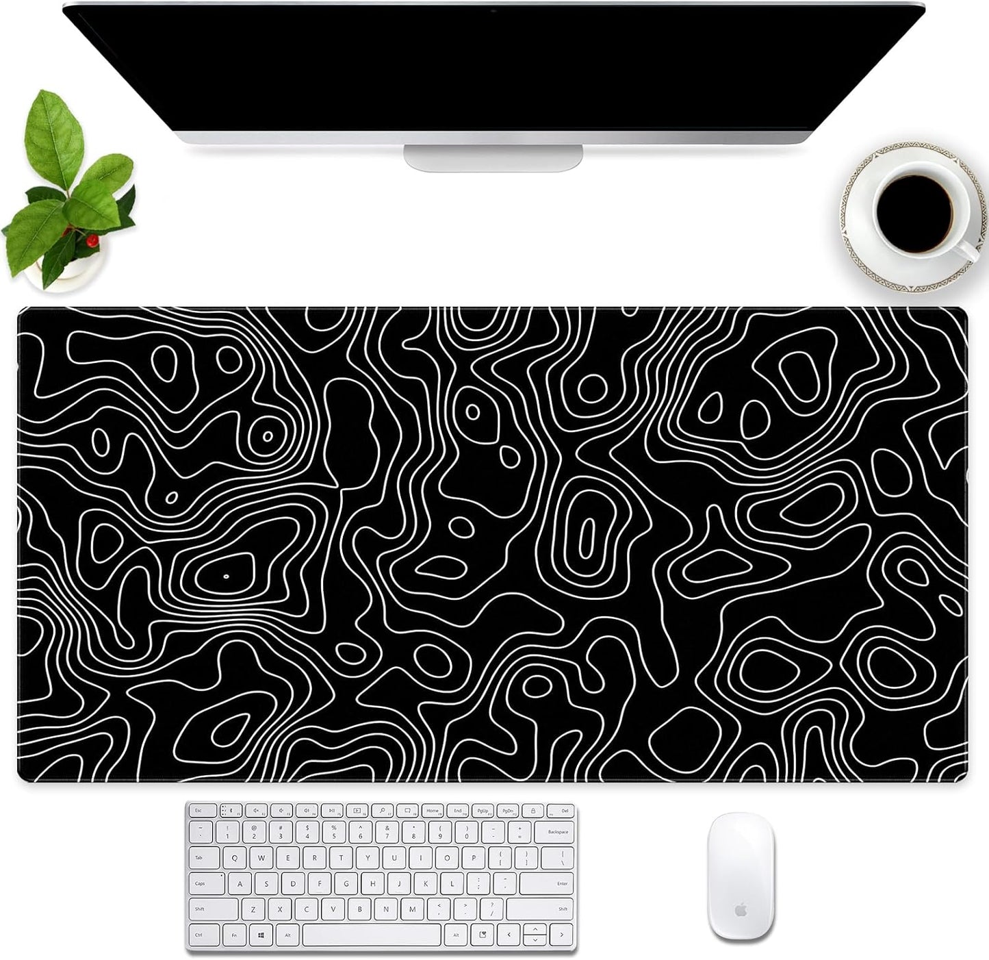 Black and White Topographic Map Gaming Mouse Pad - XXL Extended Desk Mat for Keyboard & Mouse (31.5" x 15.7") with Non-Slip Base & Stitched Edges - Washable Surface for Computer or Gaming Desk