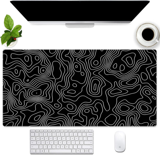 Black and White Topographic Map Gaming Mouse Pad - XXL Extended Desk Mat for Keyboard & Mouse (31.5" x 15.7") with Non-Slip Base & Stitched Edges - Washable Surface for Computer or Gaming Desk